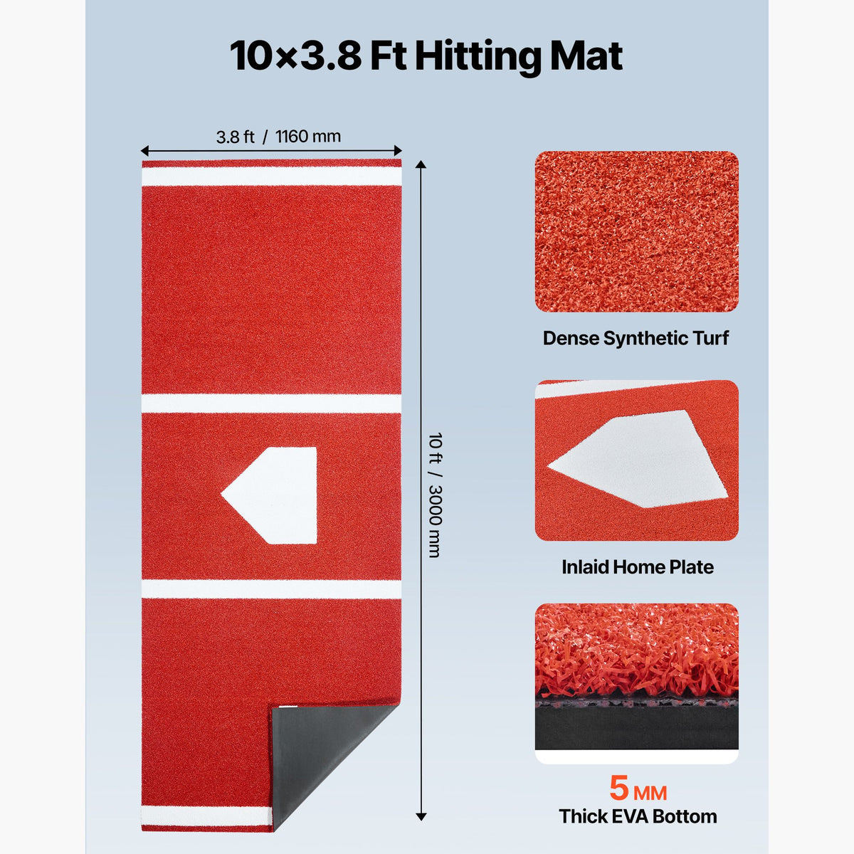 Baseball Hitting Mat, 300x116cm Batting Cage Mat, Batters Box Turf Mats, Softball Batting Practice Equipment with Home Plate and Anti Fade Turf, Portable Training Aid for Indoor Outdoor, Red