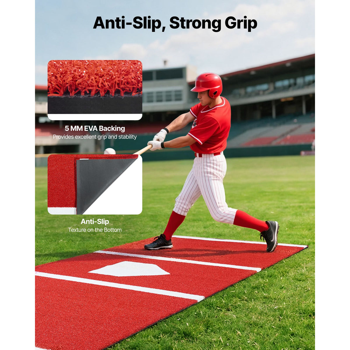 Baseball Hitting Mat, 300x116cm Batting Cage Mat, Batters Box Turf Mats, Softball Batting Practice Equipment with Home Plate and Anti Fade Turf, Portable Training Aid for Indoor Outdoor, Red
