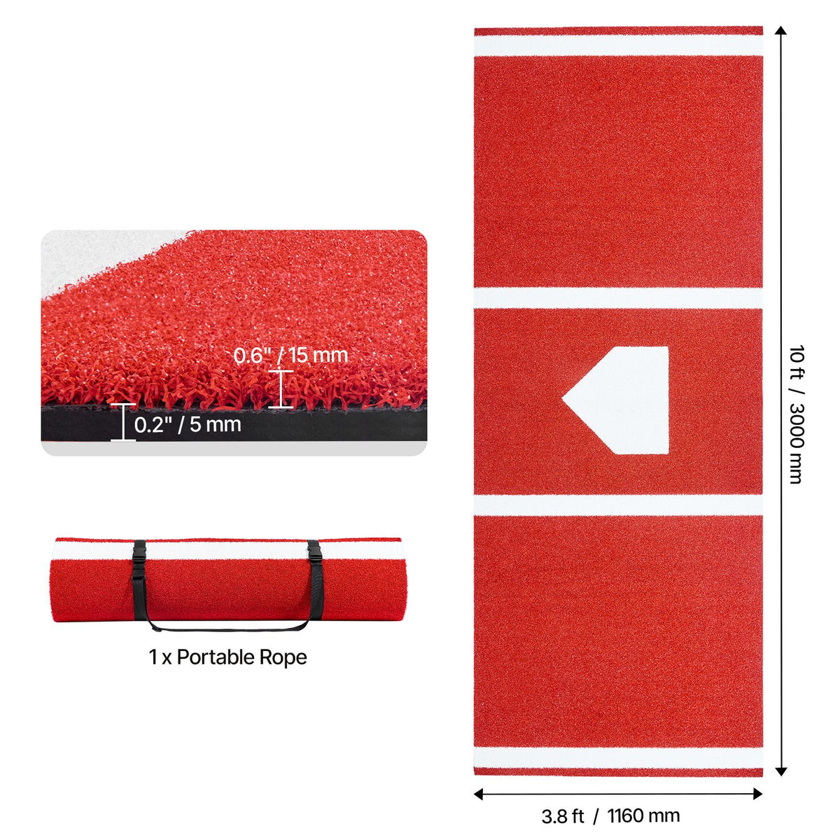 Baseball Hitting Mat, 300x116cm Batting Cage Mat, Batters Box Turf Mats, Softball Batting Practice Equipment with Home Plate and Anti Fade Turf, Portable Training Aid for Indoor Outdoor, Red