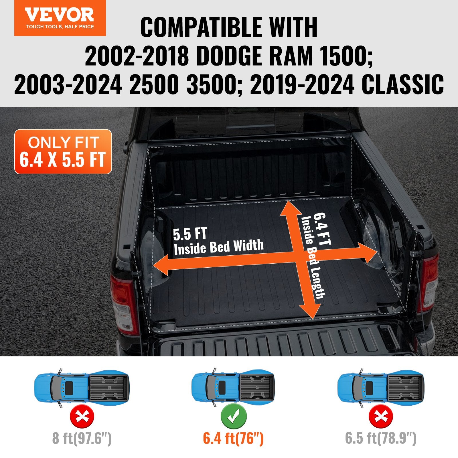Caravan Accessories: VEVOR Truck Bed Cover, Roll Up Truck Bed Tonneau Cover, Compatible with 2002-2018 Dodge Ram 1500, 2003-2024 2500 3500, 2019-2024 Classic, for 6.4 x 5.5 ft Bed, Soft PVC material, Roll Up Tonneau Cover