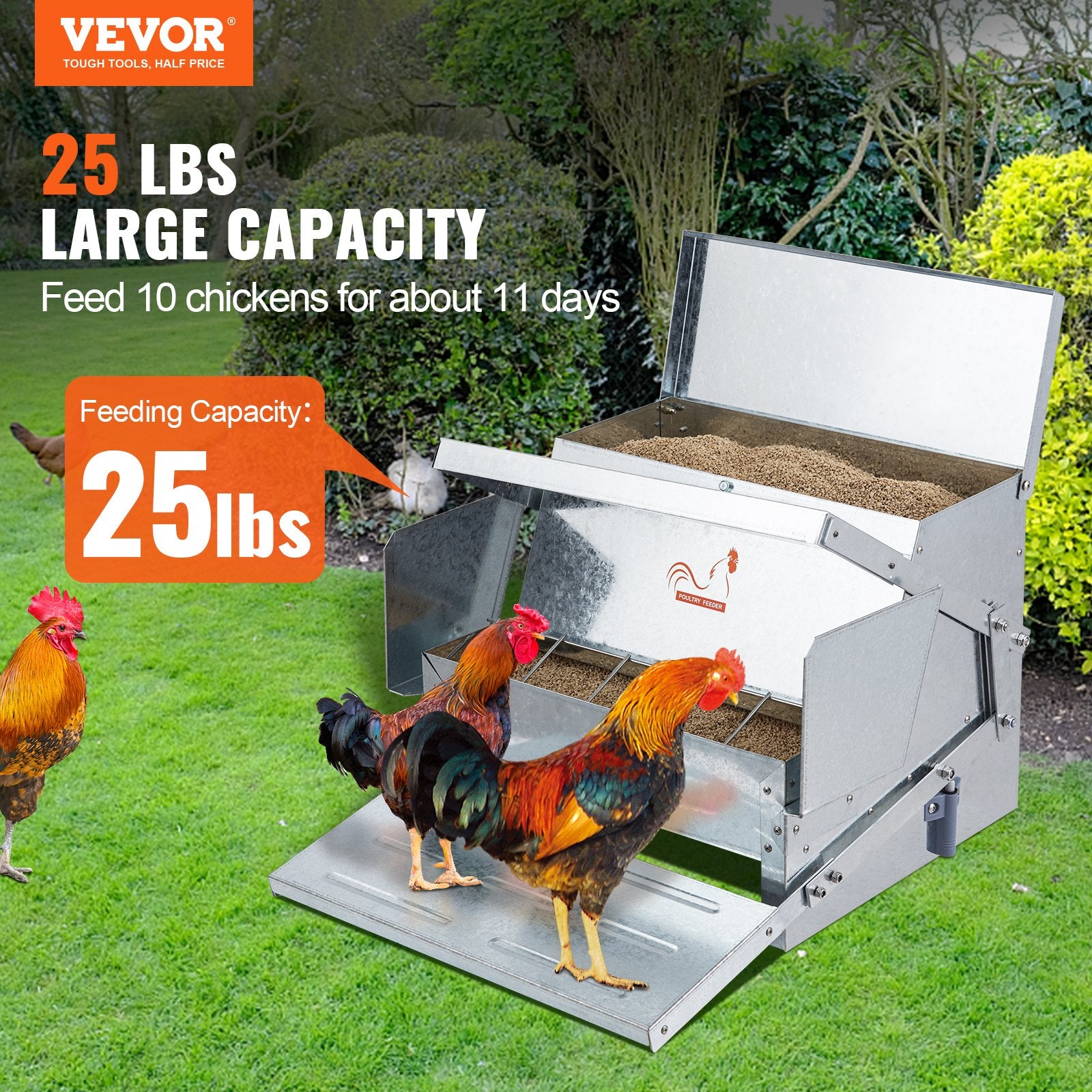 Farm Equipment: VEVOR Automatic Chicken Feeder Galvanized Steel Poultry Feeder 25 lb 10 Chickens