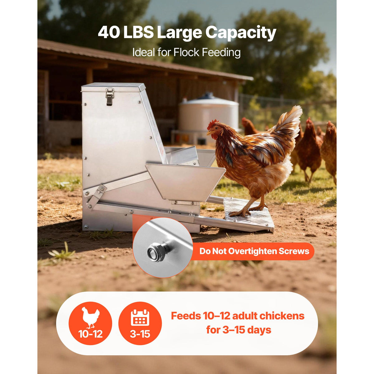 Automatic Chicken Feeder, 18.14 kg Capacity, Rainproof Treadle Poultry Feeder with Lockable Lid, No Waste, Galvanized Steel Construction, Outdoor Use, for Chicken, Bantams, Poultry, Pheasants