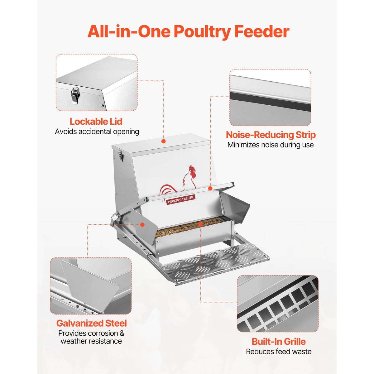 Automatic Chicken Feeder, 18.14 kg Capacity, Rainproof Treadle Poultry Feeder with Lockable Lid, No Waste, Galvanized Steel Construction, Outdoor Use, for Chicken, Bantams, Poultry, Pheasants