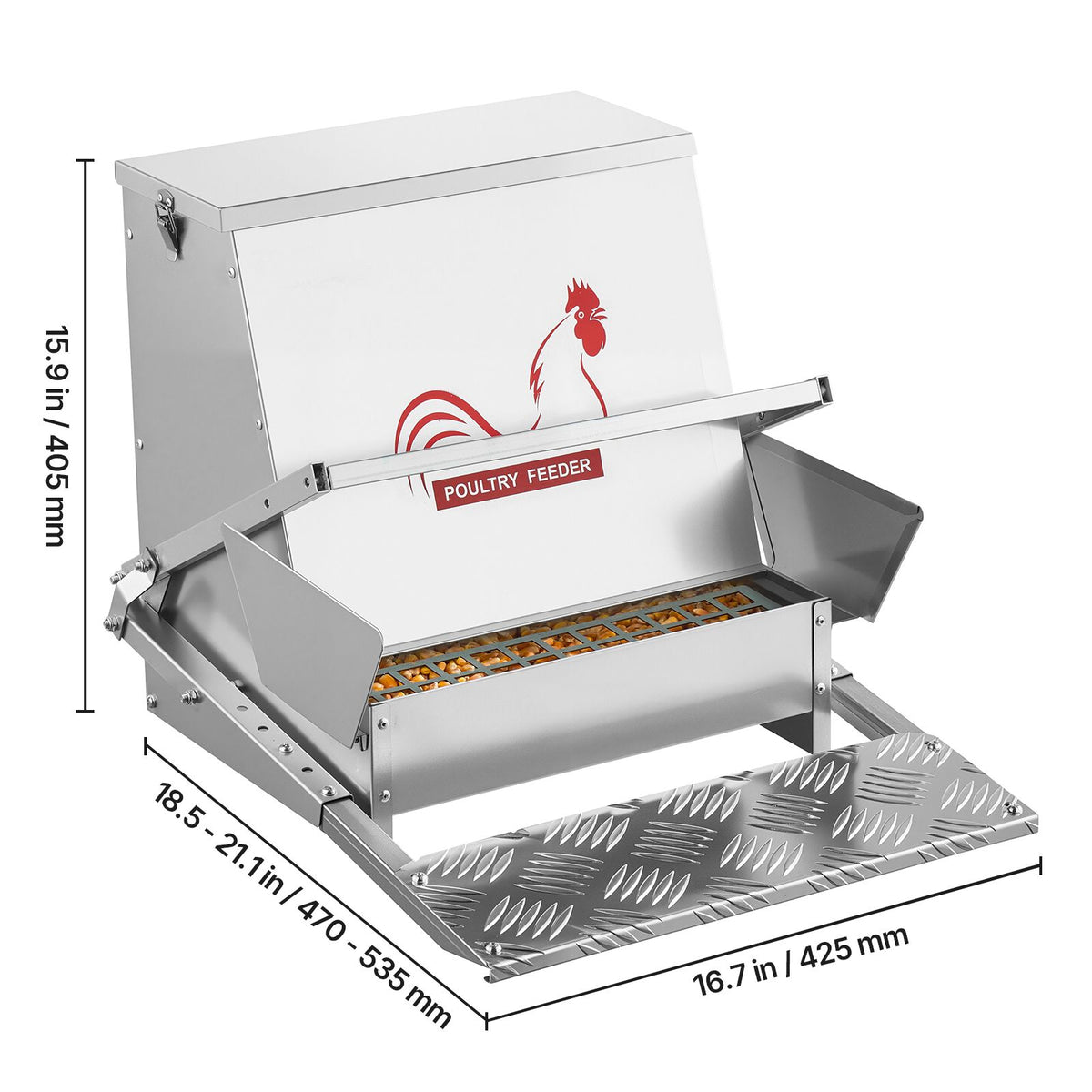 Automatic Chicken Feeder, 18.14 kg Capacity, Rainproof Treadle Poultry Feeder with Lockable Lid, No Waste, Galvanized Steel Construction, Outdoor Use, for Chicken, Bantams, Poultry, Pheasants