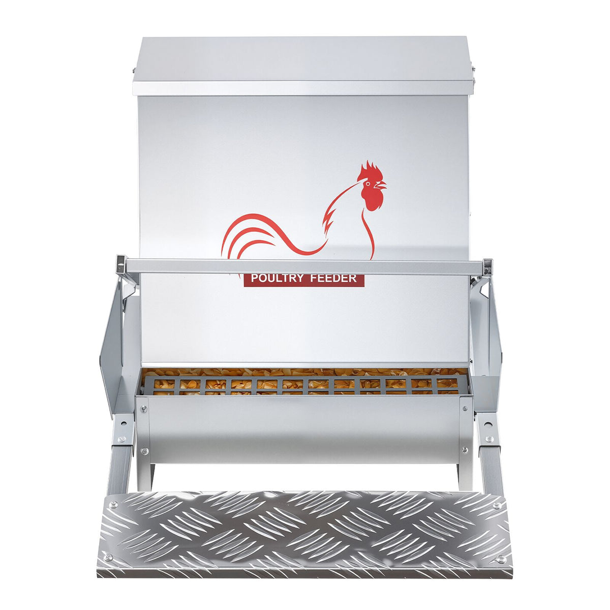 Automatic Chicken Feeder, 18.14 kg Capacity, Rainproof Treadle Poultry Feeder with Lockable Lid, No Waste, Galvanized Steel Construction, Outdoor Use, for Chicken, Bantams, Poultry, Pheasants