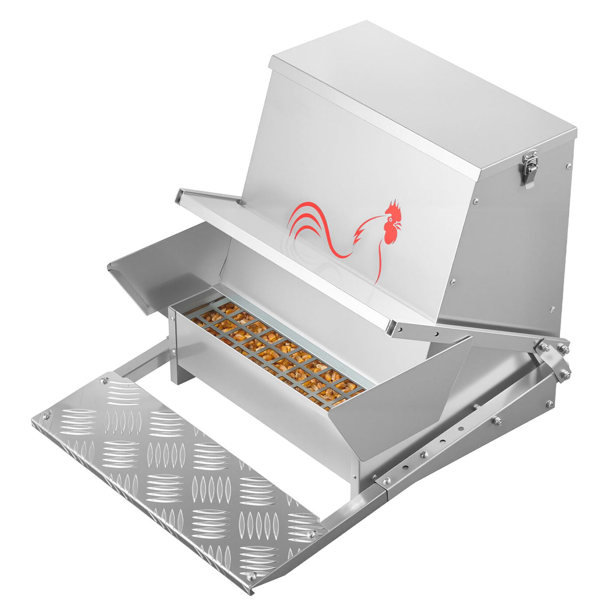 Automatic Chicken Feeder, 18.14 kg Capacity, Rainproof Treadle Poultry Feeder with Lockable Lid, No Waste, Galvanized Steel Construction, Outdoor Use, for Chicken, Bantams, Poultry, Pheasants