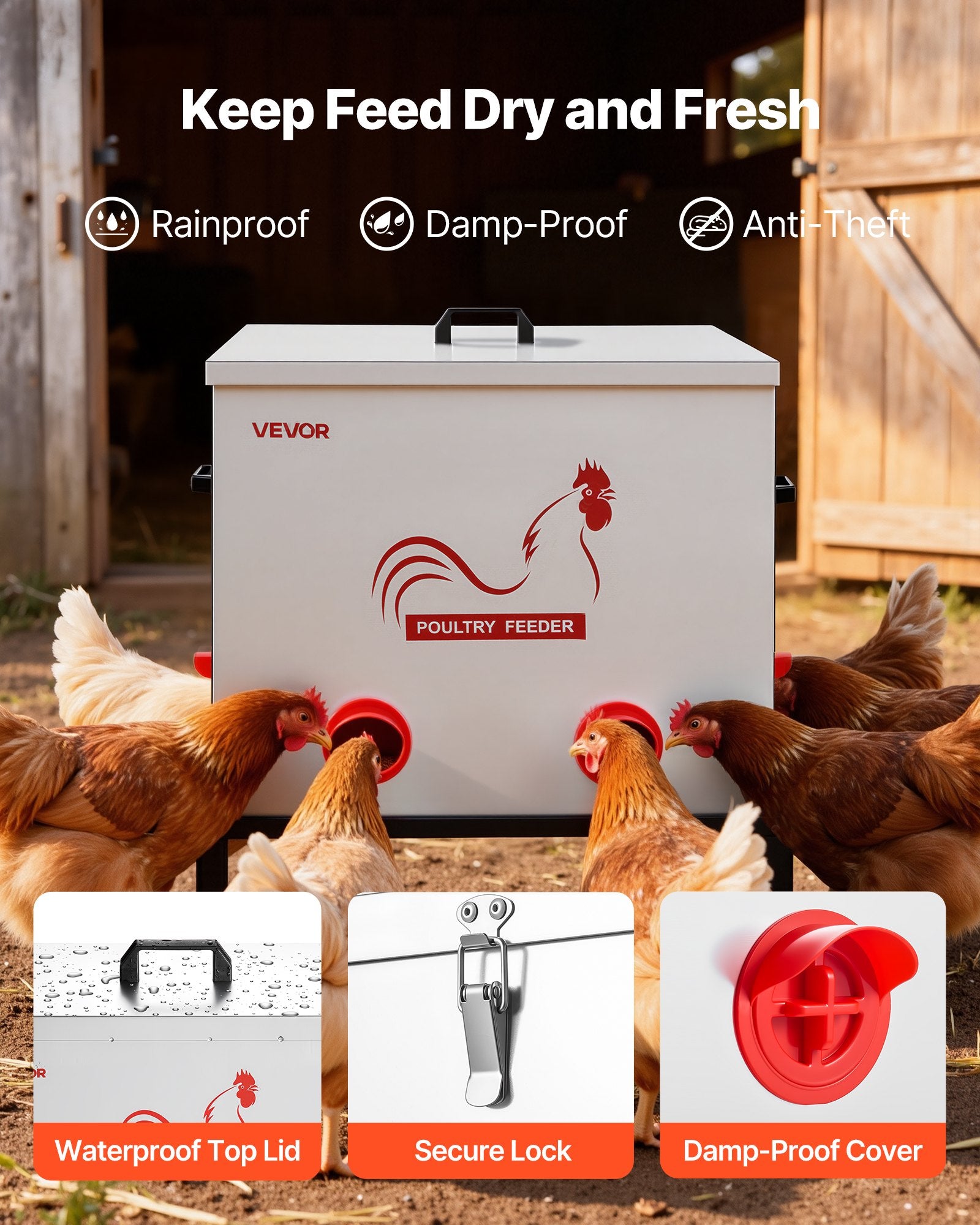 Cat Bowls, Feeders & Waterers: VEVOR Automatic Chicken Feeder, 38.56 kg Capacity, 6 Feeding Ports No-Waste Poultry Feeder with Built-In Divider, with Latch & Handle, Metal Construction, for Chickens Bantams Pheasants Poultry Coop