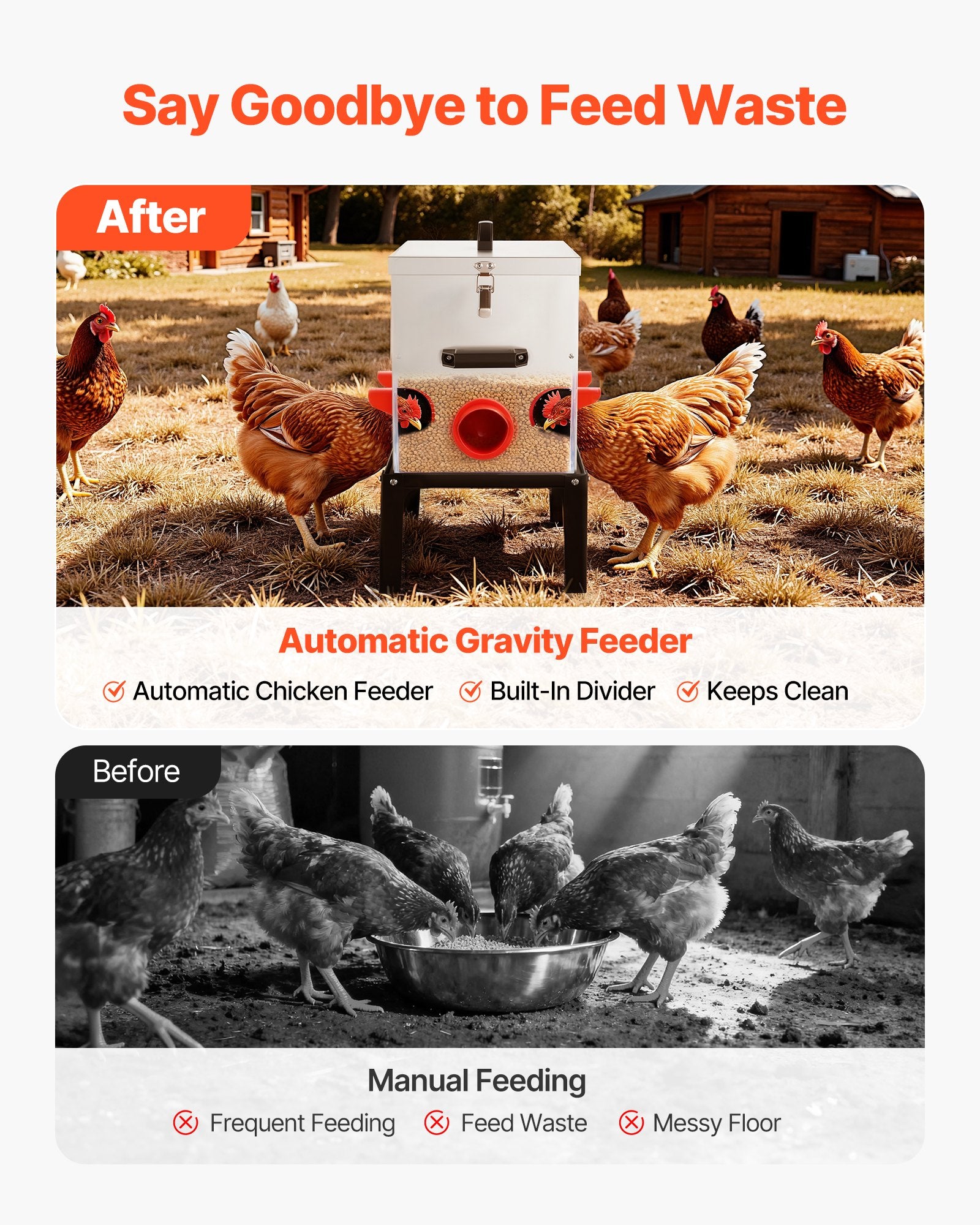 Cat Bowls, Feeders & Waterers: VEVOR Automatic Chicken Feeder, 38.56 kg Capacity, 6 Feeding Ports No-Waste Poultry Feeder with Built-In Divider, with Latch & Handle, Metal Construction, for Chickens Bantams Pheasants Poultry Coop