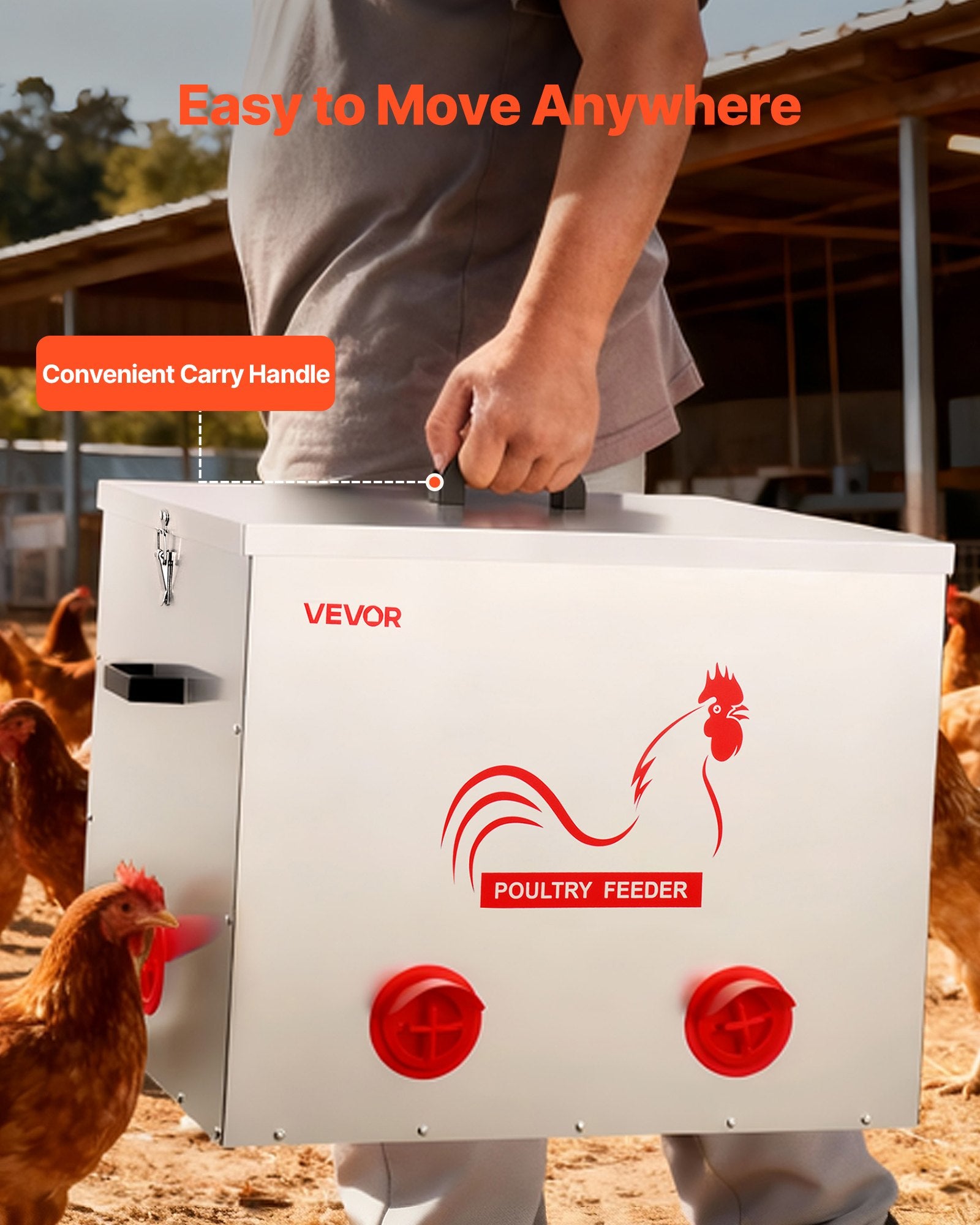 Cat Bowls, Feeders & Waterers: VEVOR Automatic Chicken Feeder, 38.56 kg Capacity, 6 Feeding Ports No-Waste Poultry Feeder with Built-In Divider, with Latch & Handle, Metal Construction, for Chickens Bantams Pheasants Poultry Coop