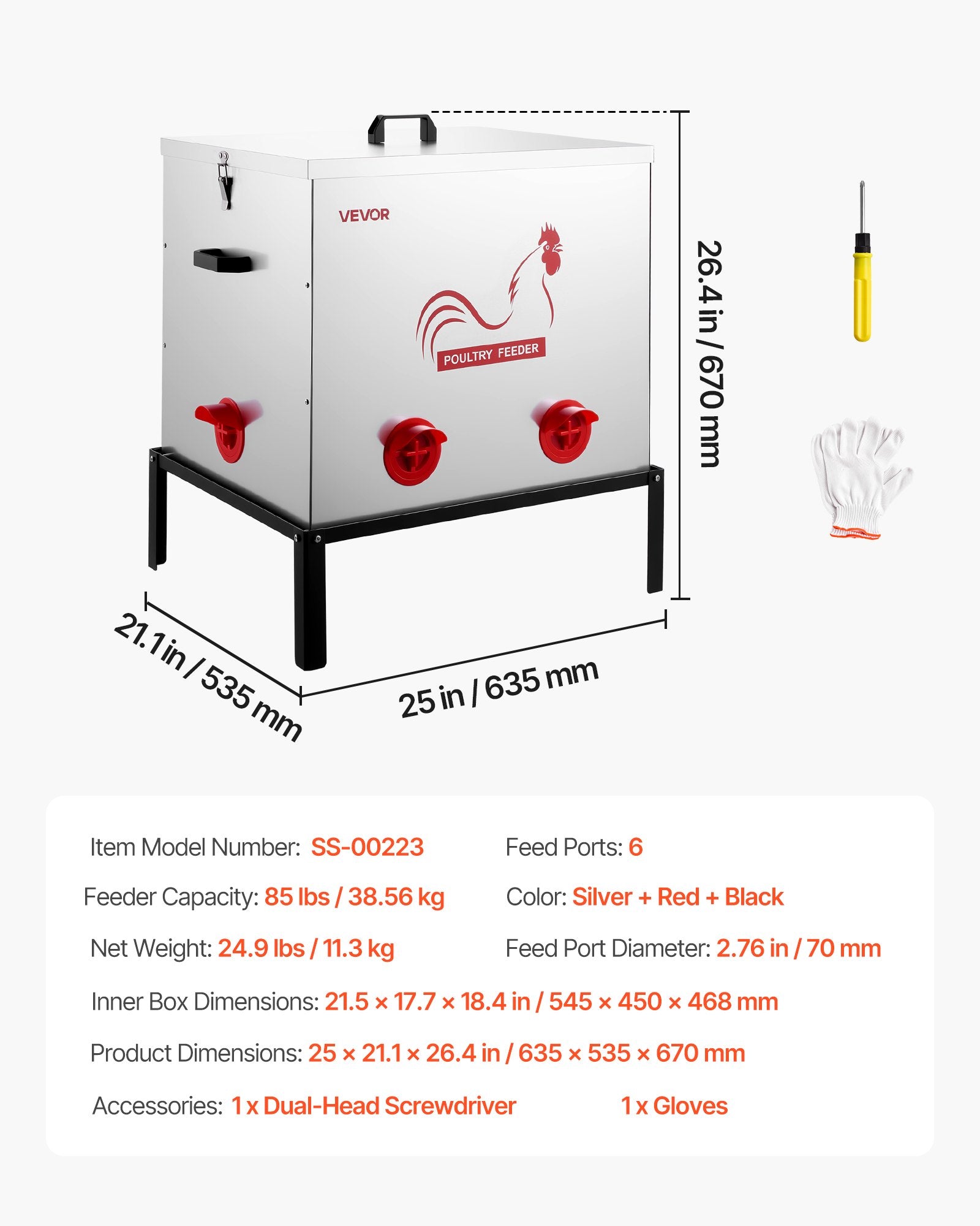 Cat Bowls, Feeders & Waterers: VEVOR Automatic Chicken Feeder, 38.56 kg Capacity, 6 Feeding Ports No-Waste Poultry Feeder with Built-In Divider, with Latch & Handle, Metal Construction, for Chickens Bantams Pheasants Poultry Coop