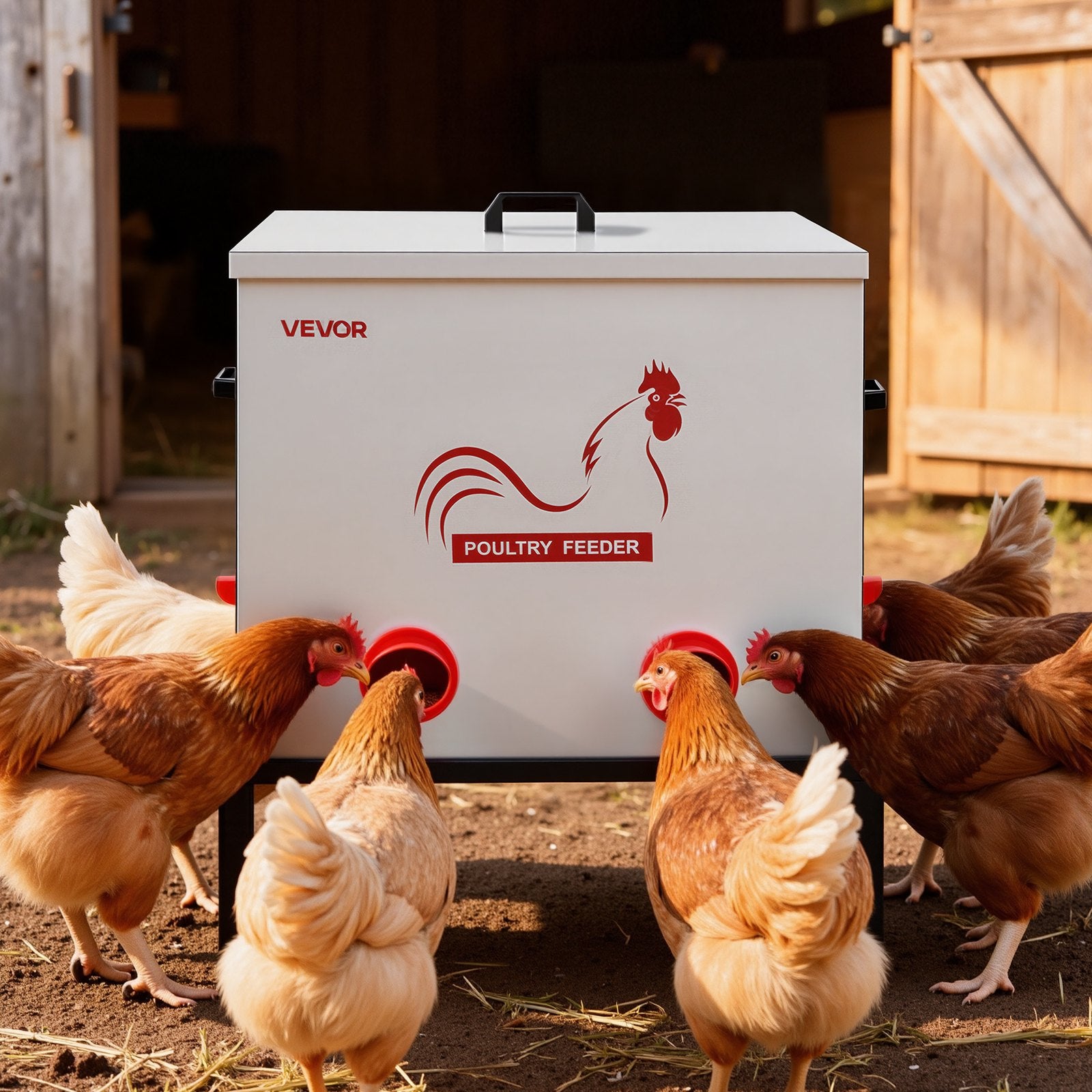 Cat Bowls, Feeders & Waterers: VEVOR Automatic Chicken Feeder, 38.56 kg Capacity, 6 Feeding Ports No-Waste Poultry Feeder with Built-In Divider, with Latch & Handle, Metal Construction, for Chickens Bantams Pheasants Poultry Coop