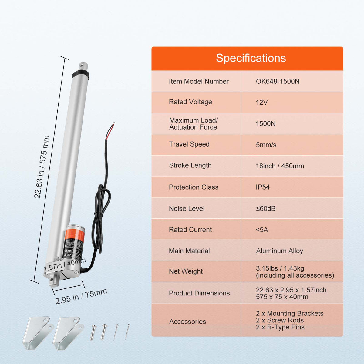 Linear Actuator 12V, 18 Inch High Load 330lbs/1500N Linear Actuator, 0.19"/s Linear Motion Actuator with Mounting Bracket and IP54 Protection