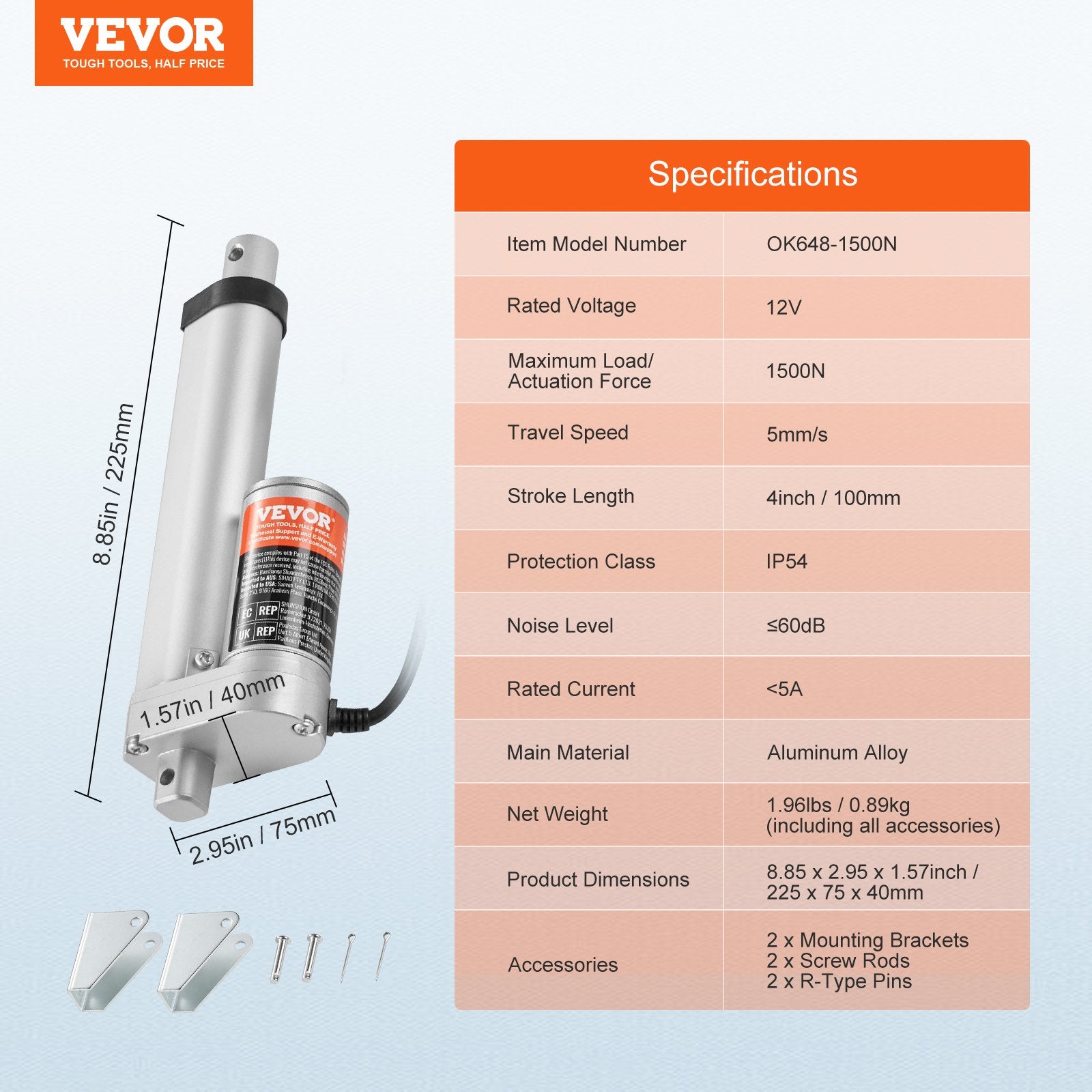 Animal Traps: VEVOR Linear Actuator 12V, 4 Inch High Load 330lbs/1500N Linear Actuator, 0.19"/s Linear Motion Actuator with Mounting Bracket and IP54 Protection