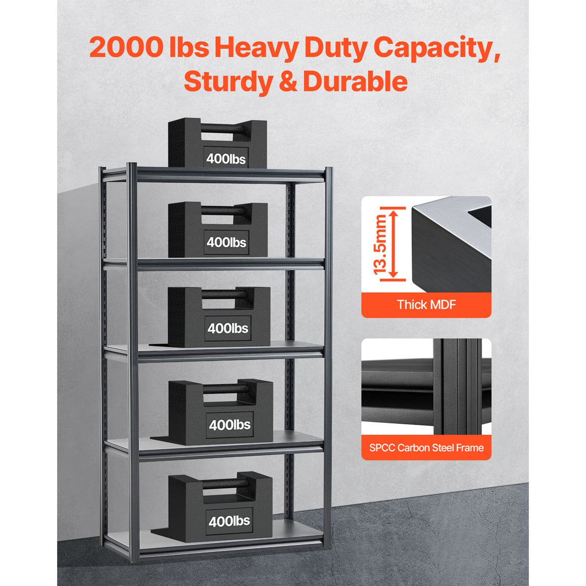 Storage Shelves, 2000 lbs, 5 Tier Garage Storage Shelving, 18" D x 40" W x 72" H Adjustable Metal Shelves for Garage Shelves Utility Rack Shelf, Ideal for Kitchen, Warehouse, Basement, Black