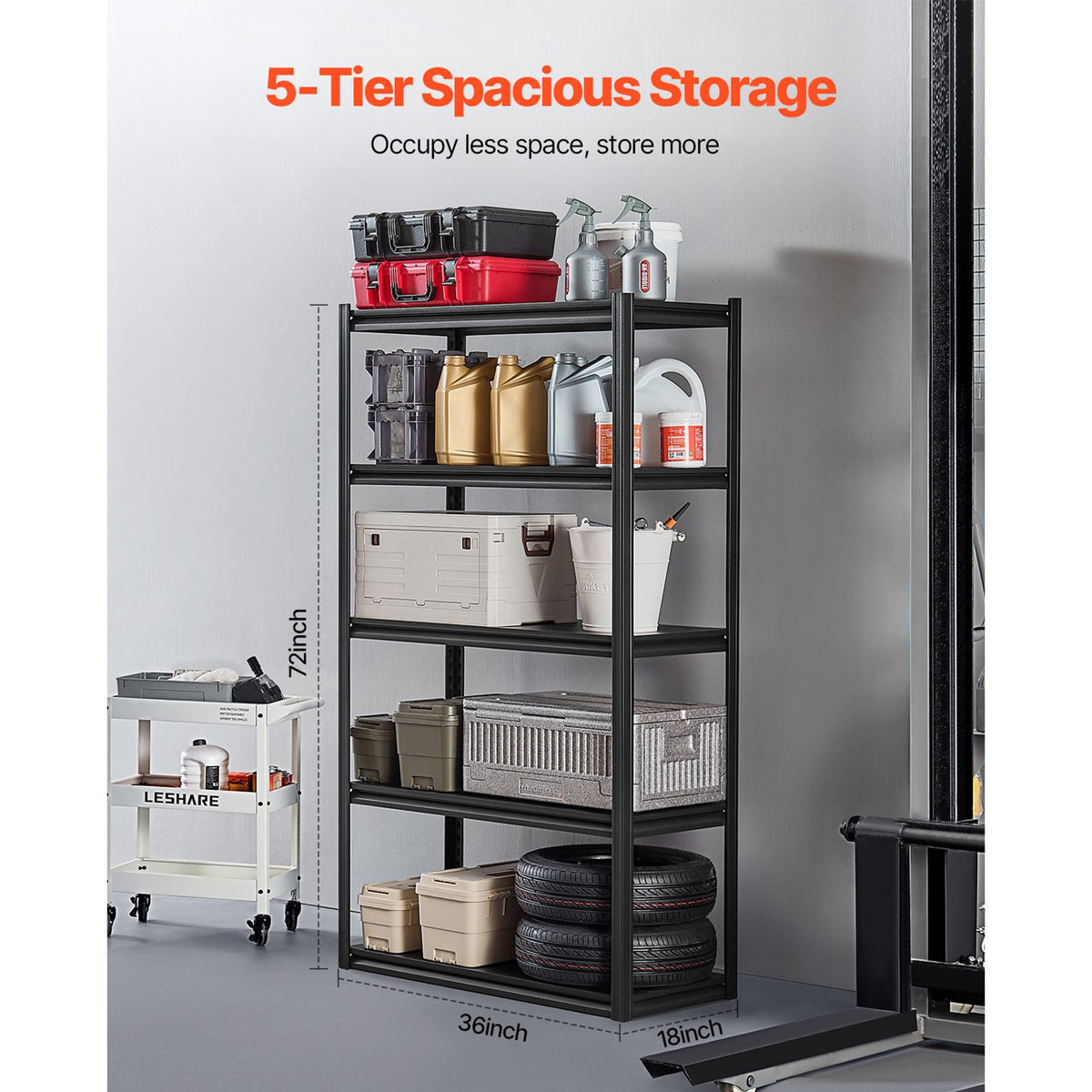 Storage Shelves, 2000 lbs, 5 Tier Garage Storage Shelving, 18" D x 40" W x 72" H Adjustable Metal Shelves for Garage Shelves Utility Rack Shelf, Ideal for Kitchen, Warehouse, Basement, Black