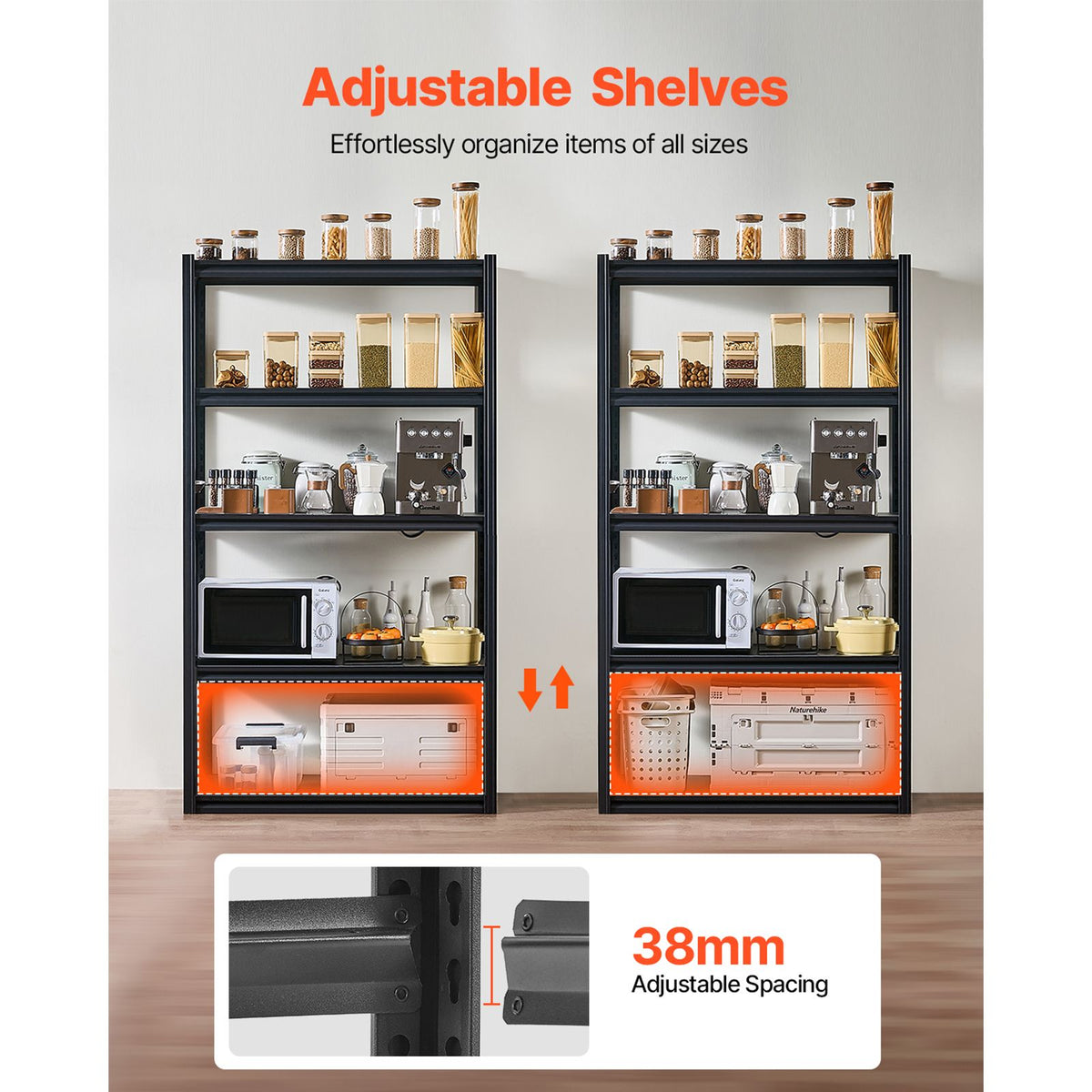 Storage Shelves, 2000 lbs, 5 Tier Garage Storage Shelving, 18" D x 40" W x 72" H Adjustable Metal Shelves for Garage Shelves Utility Rack Shelf, Ideal for Kitchen, Warehouse, Basement, Black