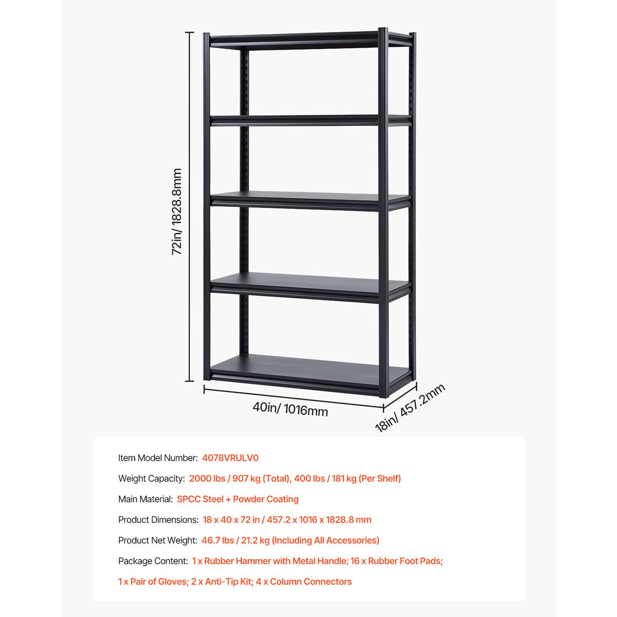 Storage Shelves, 2000 lbs, 5 Tier Garage Storage Shelving, 18" D x 40" W x 72" H Adjustable Metal Shelves for Garage Shelves Utility Rack Shelf, Ideal for Kitchen, Warehouse, Basement, Black