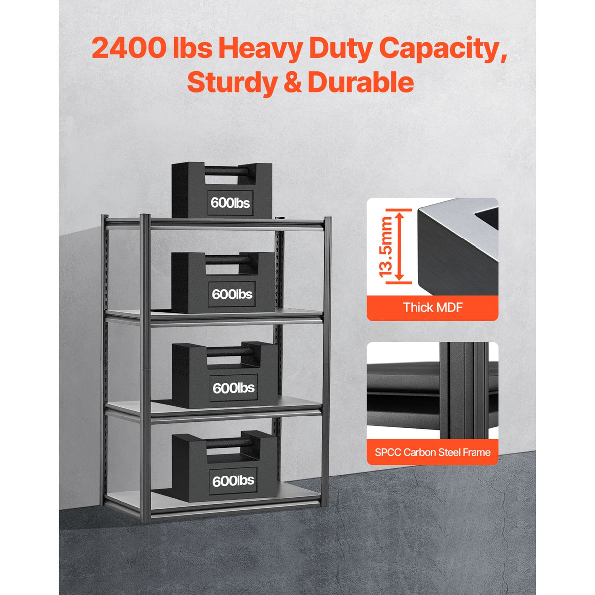 Storage Shelves, 2400 lbs, 4 Tier Garage Storage Shelving, 20" D x 40" W x 57" H Adjustable Metal Shelves for Garage Shelves Utility Rack Shelf, Ideal for Kitchen, Warehouse, Basement, Black