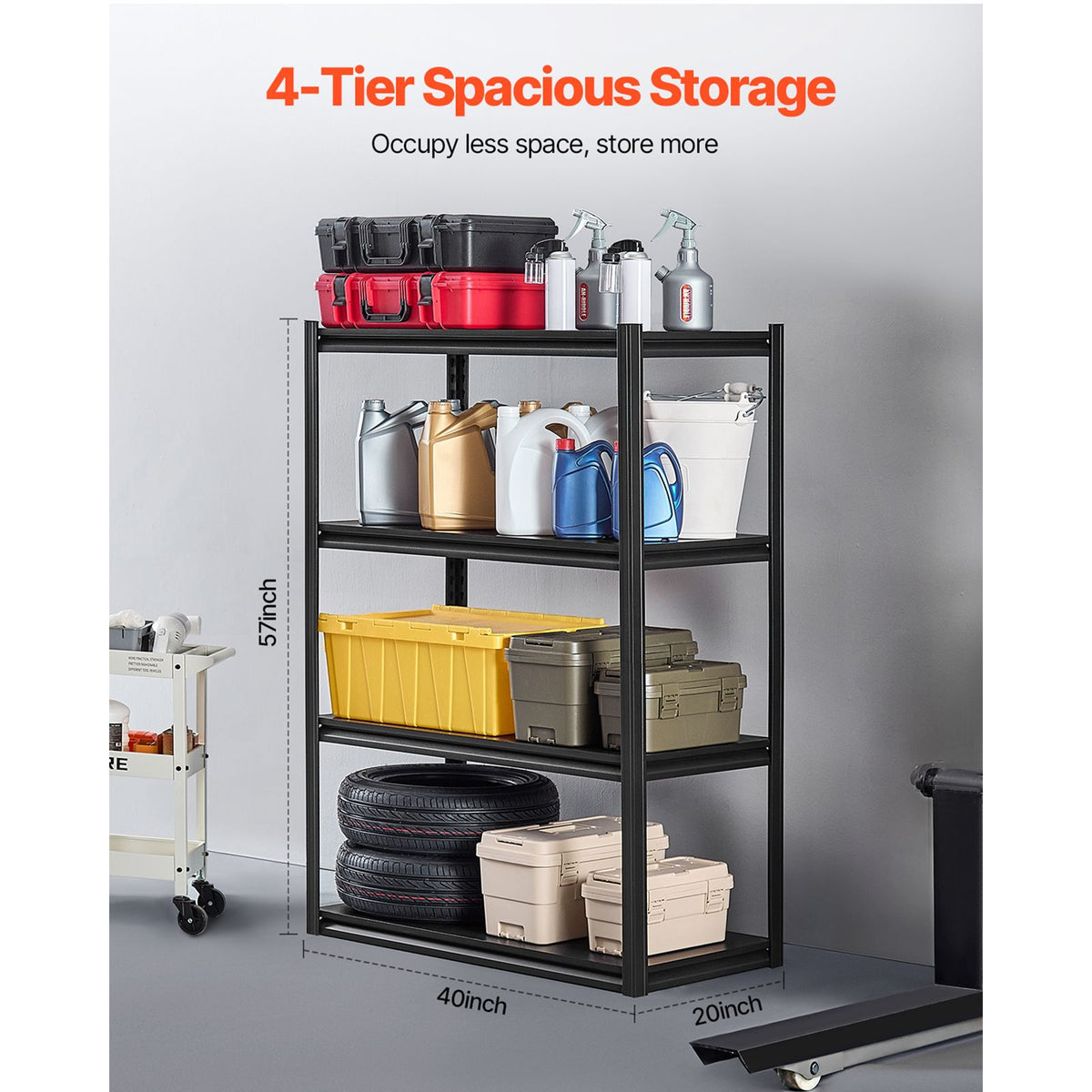 Storage Shelves, 2400 lbs, 4 Tier Garage Storage Shelving, 20" D x 40" W x 57" H Adjustable Metal Shelves for Garage Shelves Utility Rack Shelf, Ideal for Kitchen, Warehouse, Basement, Black