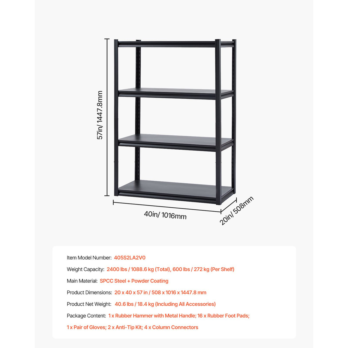 Storage Shelves, 2400 lbs, 4 Tier Garage Storage Shelving, 20" D x 40" W x 57" H Adjustable Metal Shelves for Garage Shelves Utility Rack Shelf, Ideal for Kitchen, Warehouse, Basement, Black