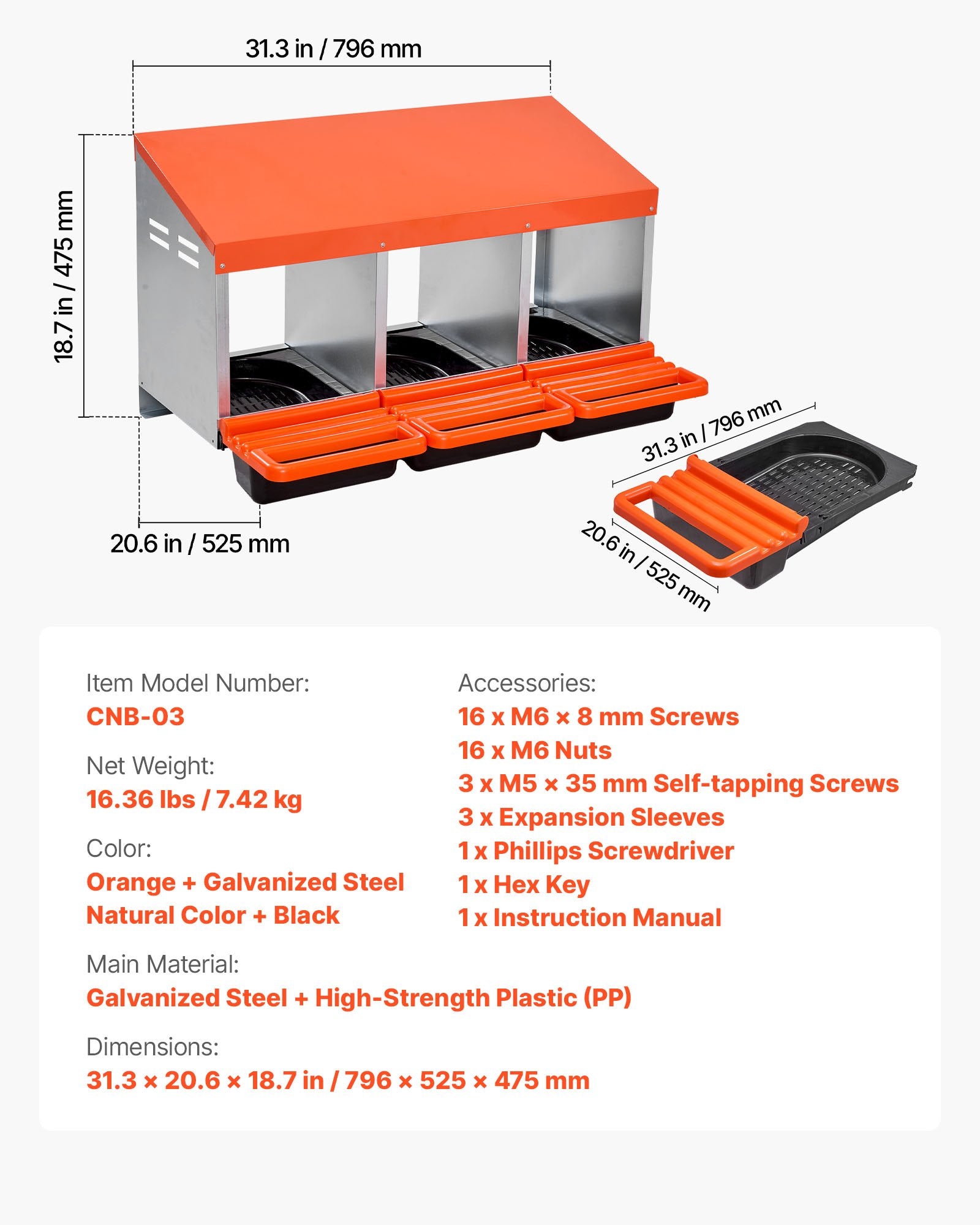 Coop & Hutch Accessories: VEVOR Chicken Nest Box, 3-Compartment, 15 to 30 in Stable & Corrosion-Resistant Metal Nesting Boxes with Inclined Nesting Boxes, Bottom Holes & Resting Platform, Fit for Different Chicken Breeds