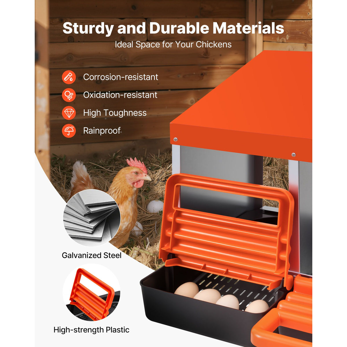 Chicken Nesting Boxes, 4 Compartments, Metal Egg Laying Boxes with Protective Collection Lids, Roll Out Nesting Box, Easy to Assemble, Ideal for Hens, Ducks, Chickens, and Other Poultry, Orange