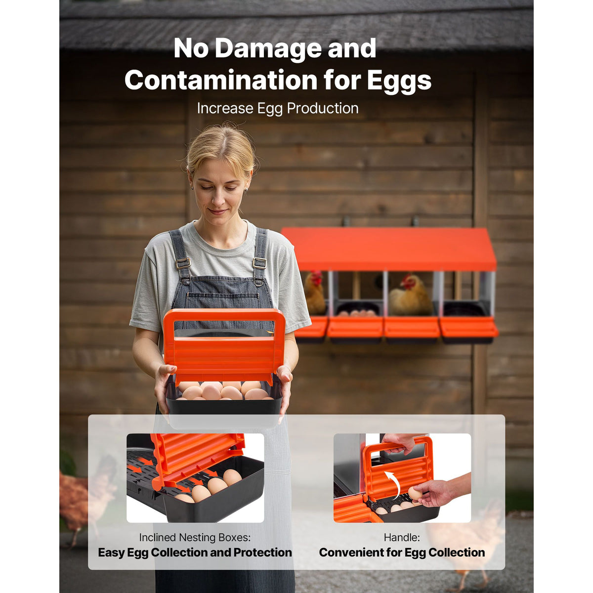 Chicken Nesting Boxes, 4 Compartments, Metal Egg Laying Boxes with Protective Collection Lids, Roll Out Nesting Box, Easy to Assemble, Ideal for Hens, Ducks, Chickens, and Other Poultry, Orange
