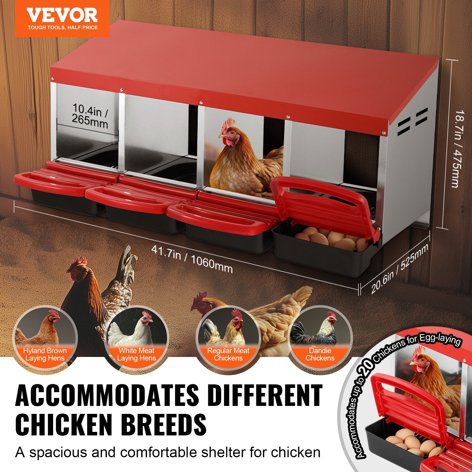 Coop & Hutch Accessories: VEVOR 4-Compartment Chicken Nest Box Metal Box with Inclined Nesting Boxes