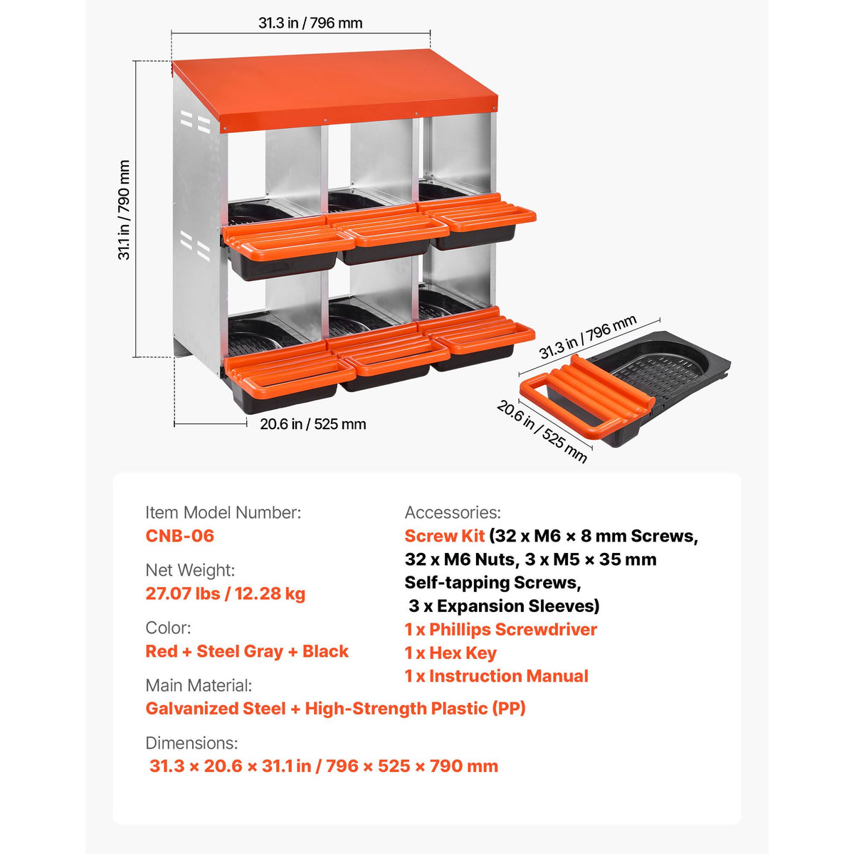 2 Tiers Chicken Nesting Boxes, 6 Compartments, Metal Egg Laying Boxes with Protective Collection Lids, Roll Out Nesting Box, Easy to Assemble, Ideal for Hens, Ducks, Chickens, and Other Poultry