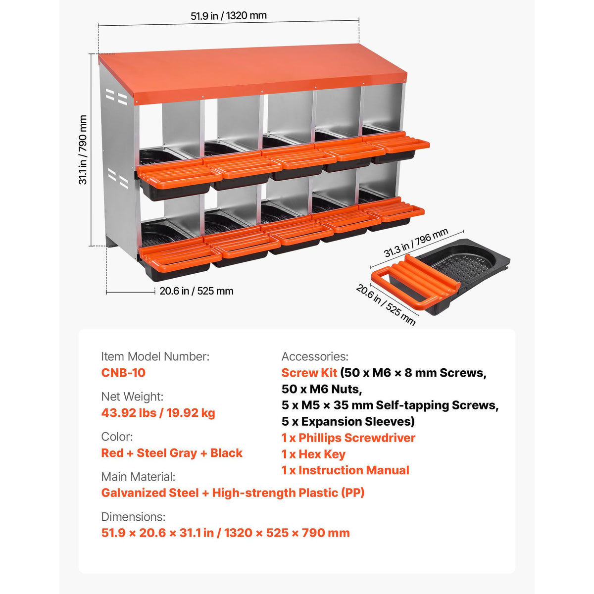 2 Tiers Chicken Nesting Boxes, 10 Compartments, Metal Egg Laying Boxes with Protective Collection Lids, Roll Out Nesting Box, Easy to Assemble, Ideal for Hens, Ducks, Chickens, and Other Poultry