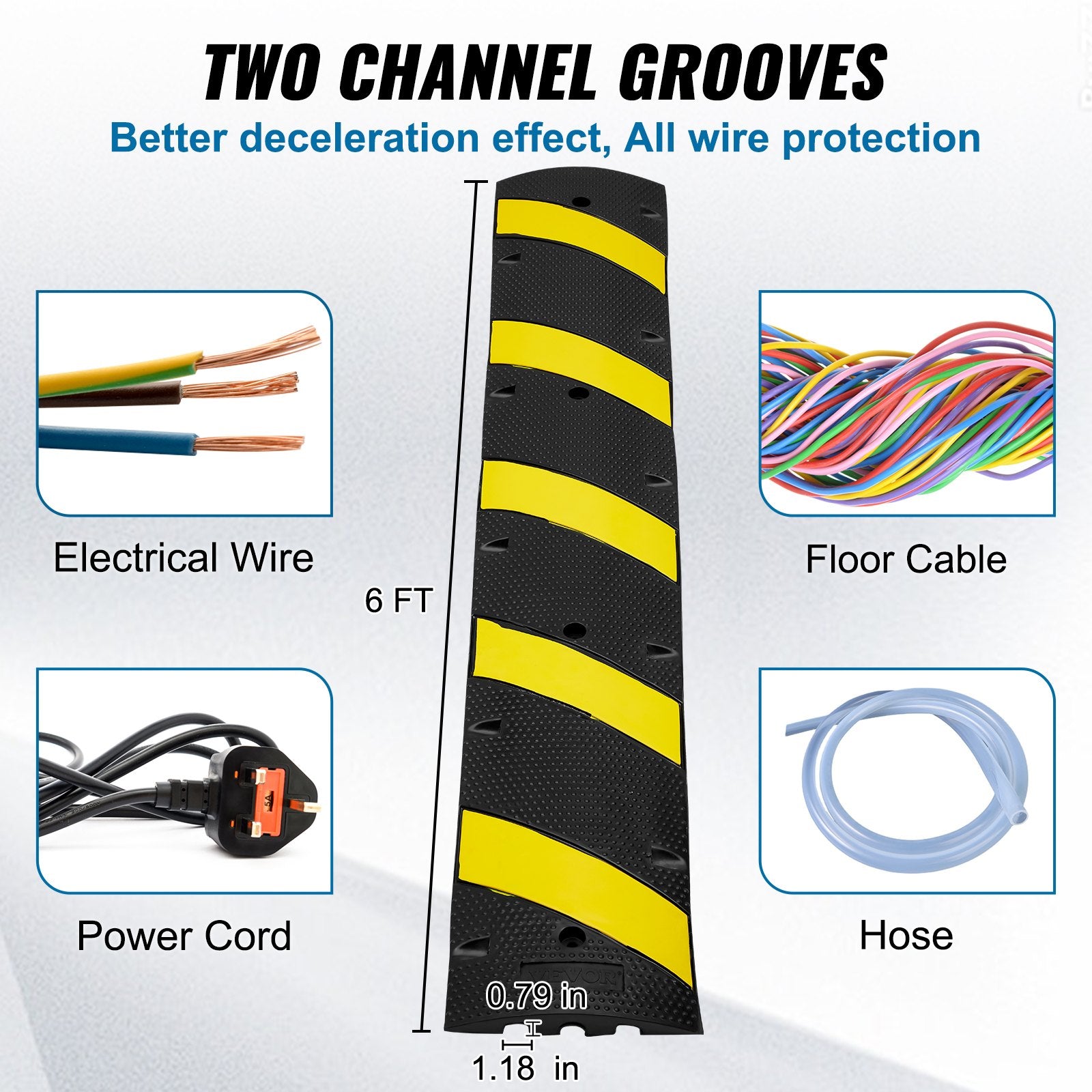 Automotive Decor: VEVOR 6 ft Rubber Speed Hump, 2 Channel, 10000 kg/axle Load Capacity Heavy Duty Traffic Speed Bump, with High Reflective Yellow Strip 4 Expansion Screws and 1 Drill, for Asphalt Concrete Gravel Roads