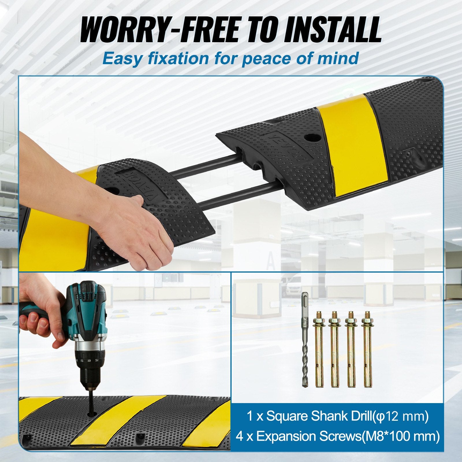 Automotive Decor: VEVOR 6 ft Rubber Speed Hump, 2 Channel, 10000 kg/axle Load Capacity Heavy Duty Traffic Speed Bump, with High Reflective Yellow Strip 4 Expansion Screws and 1 Drill, for Asphalt Concrete Gravel Roads