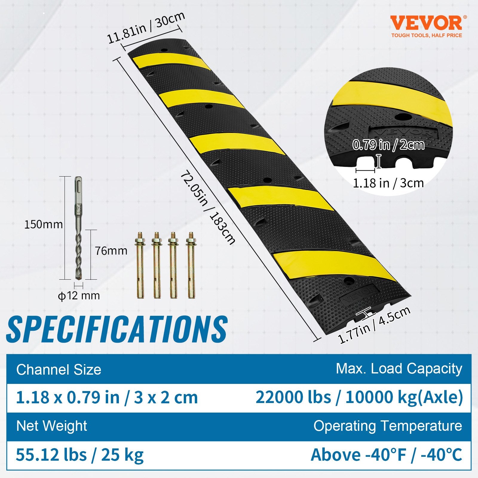 Automotive Decor: VEVOR 6 ft Rubber Speed Hump, 2 Channel, 10000 kg/axle Load Capacity Heavy Duty Traffic Speed Bump, with High Reflective Yellow Strip 4 Expansion Screws and 1 Drill, for Asphalt Concrete Gravel Roads