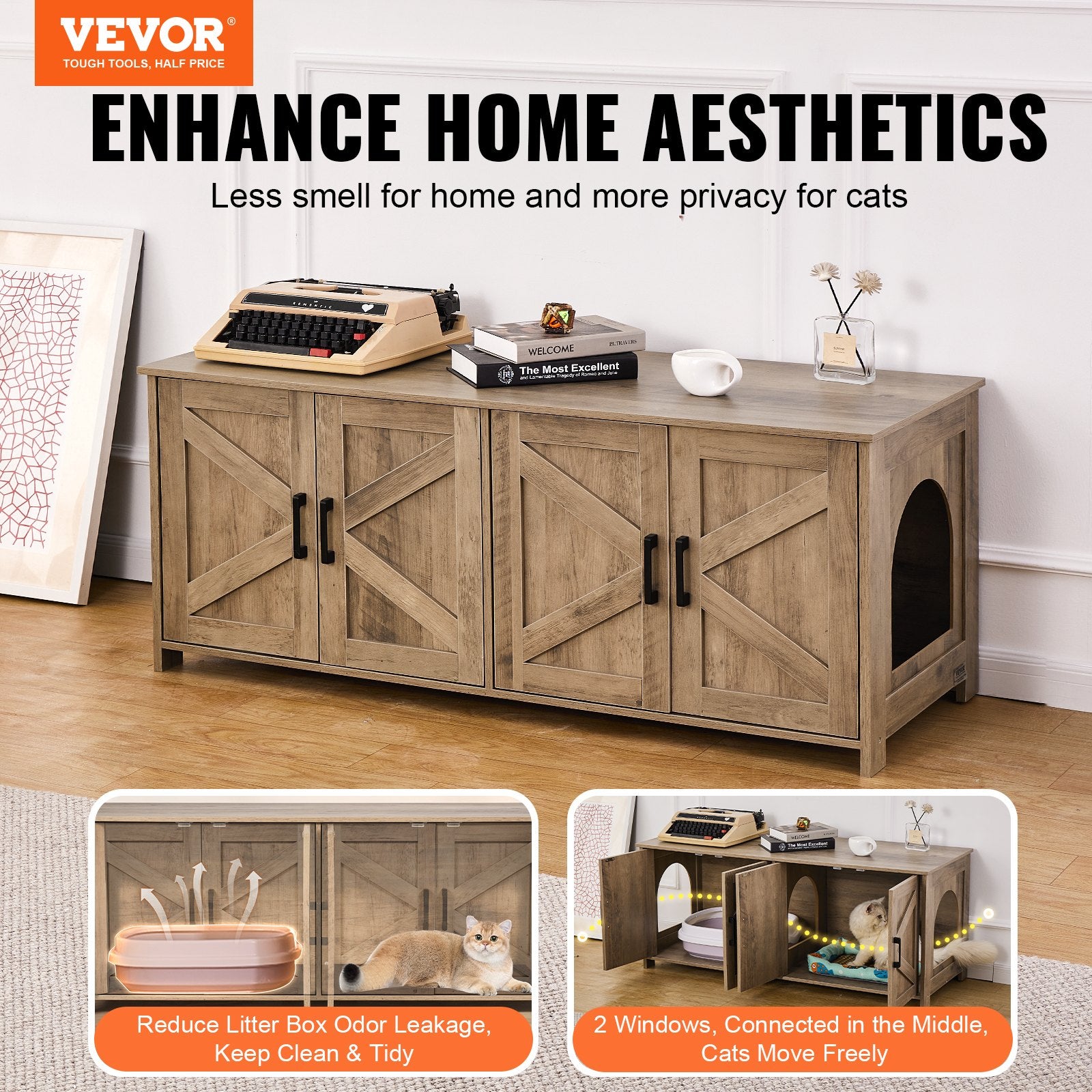 Cat Litter: VEVOR Cat Litter Box Enclosure Wooden Litter Box Furniture Hidden 2 Rooms Greige