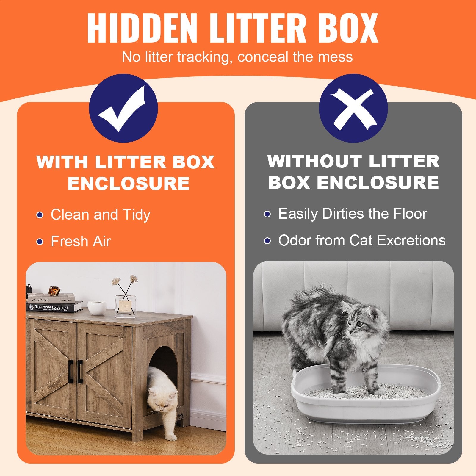 Cat Litter: VEVOR Cat Litter Box Enclosure Wooden Litter Box Furniture Hidden 2 Rooms Greige