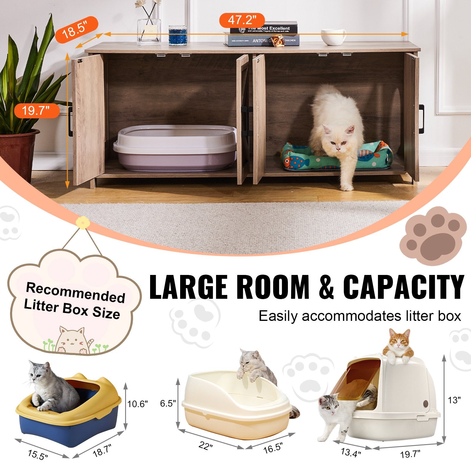Cat Litter: VEVOR Cat Litter Box Enclosure Wooden Litter Box Furniture Hidden 2 Rooms Greige