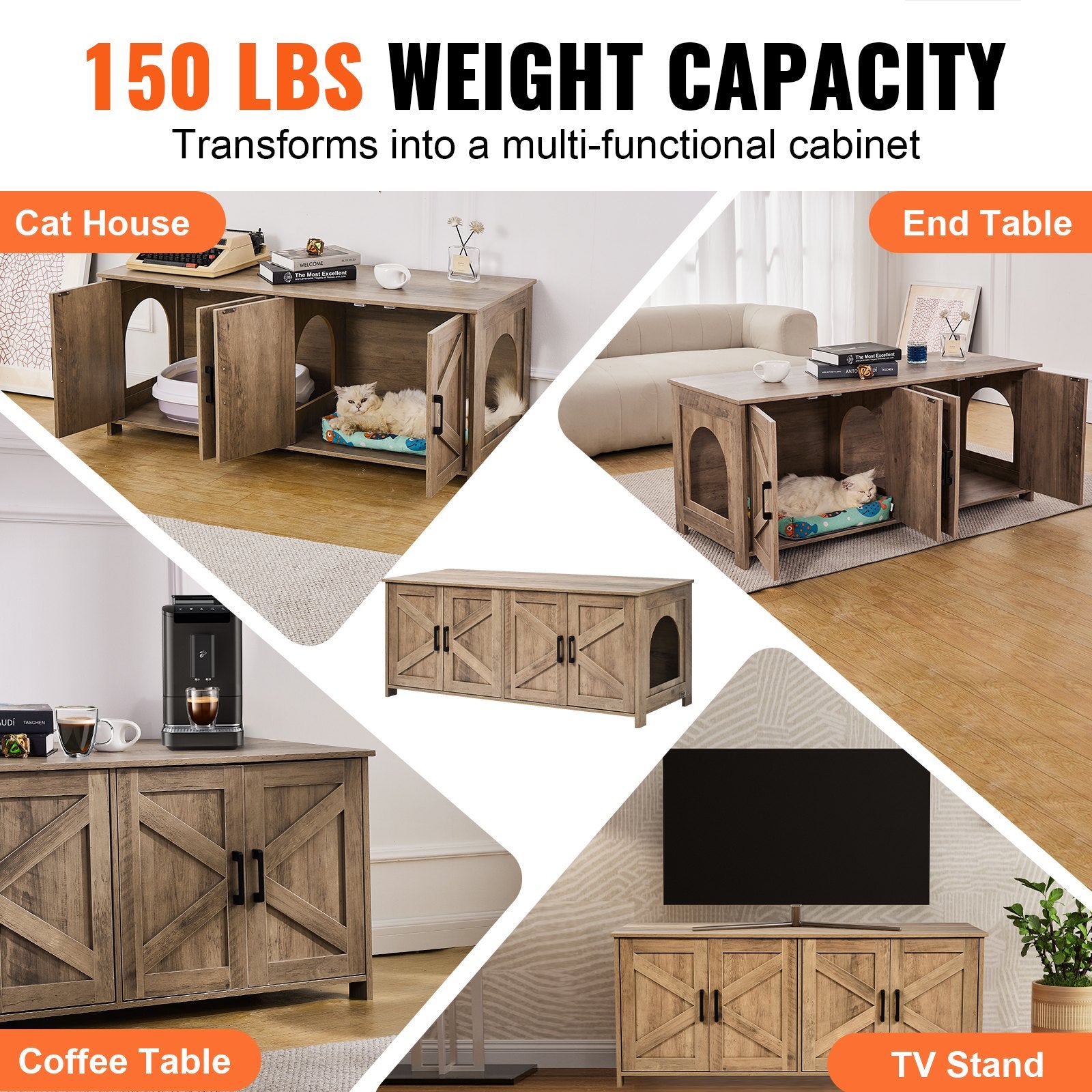 Cat Litter: VEVOR Cat Litter Box Enclosure Wooden Litter Box Furniture Hidden 2 Rooms Greige