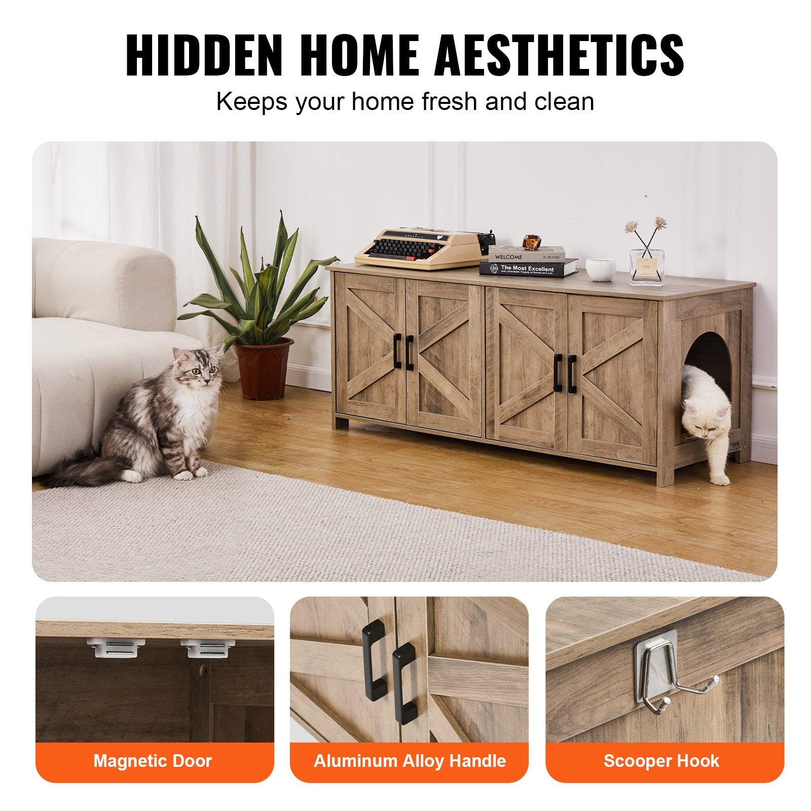 Cat Litter: VEVOR Cat Litter Box Enclosure Wooden Litter Box Furniture Hidden 2 Rooms Greige