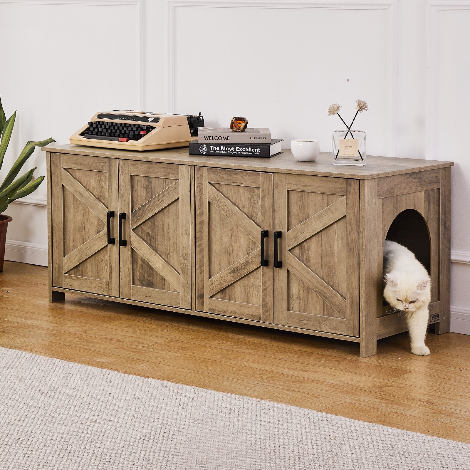 Cat Litter: VEVOR Cat Litter Box Enclosure Wooden Litter Box Furniture Hidden 2 Rooms Greige