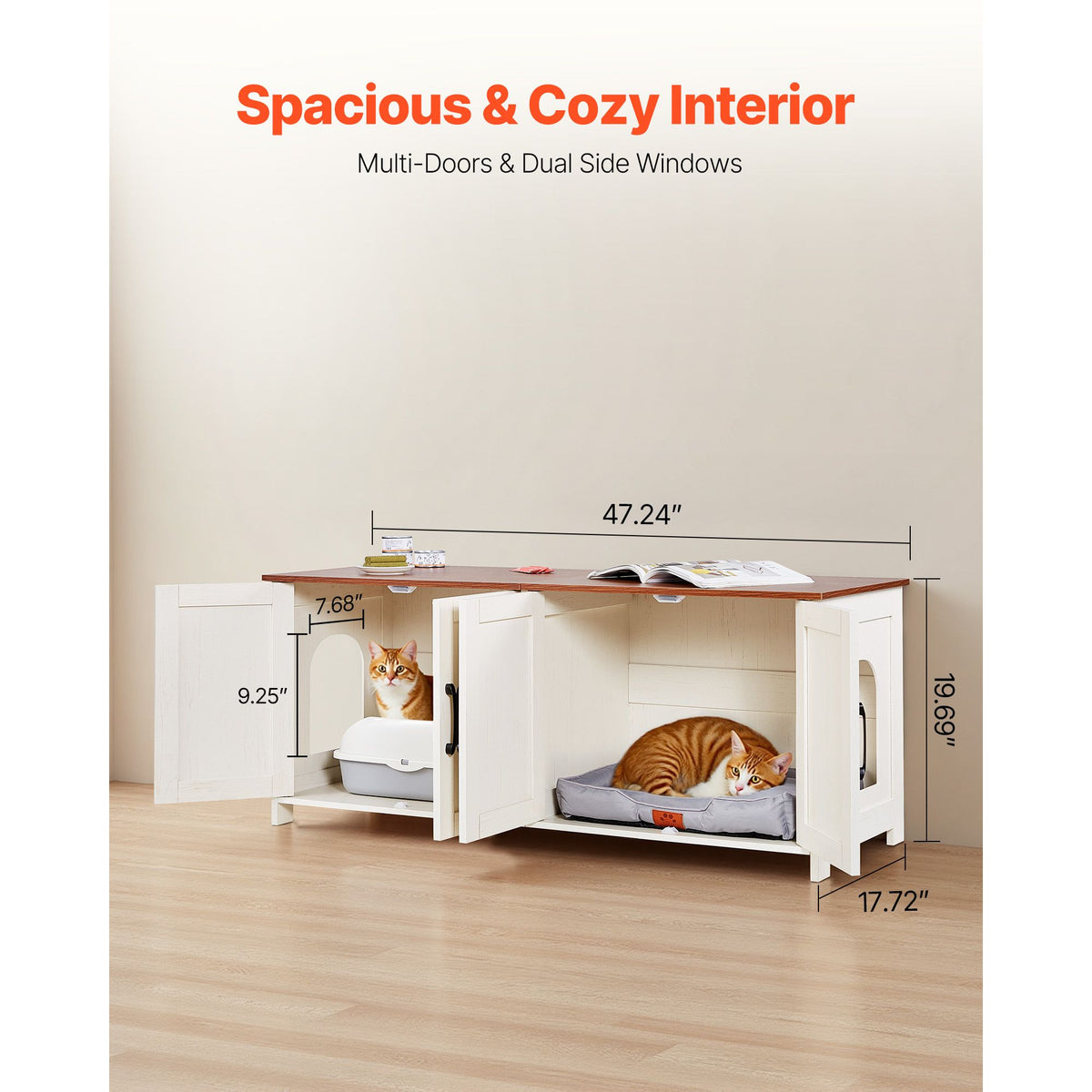 Cat Litter Box Enclosure for Multi Cats, 120 cm Hidden Litter Box Cabinet with 4 Doors & 2 Entries, Indoor Cat Washroom, Wooden Kitty House Furniture, Fit Most Litterboxes, Brown & White