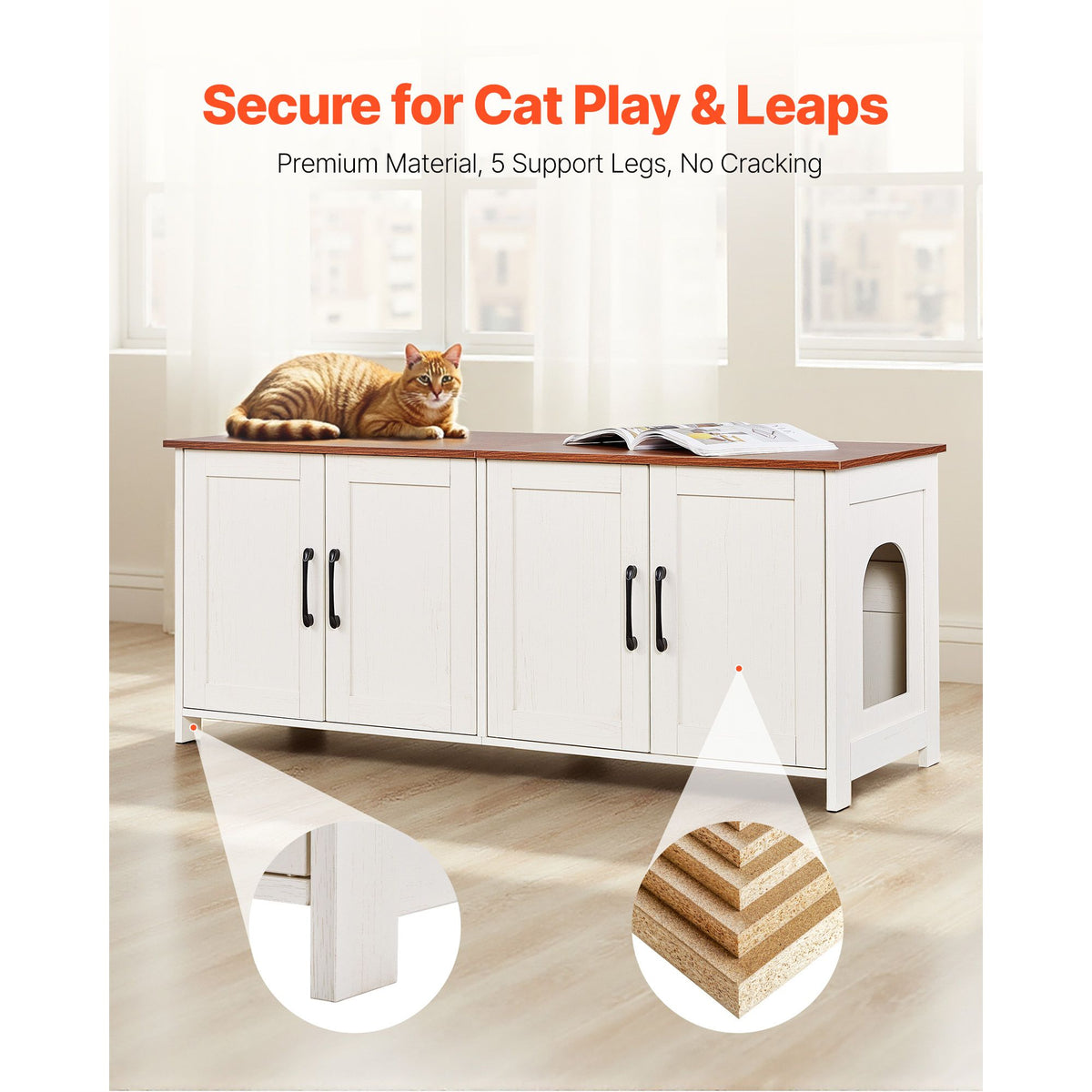 Cat Litter Box Enclosure for Multi Cats, 120 cm Hidden Litter Box Cabinet with 4 Doors & 2 Entries, Indoor Cat Washroom, Wooden Kitty House Furniture, Fit Most Litterboxes, Brown & White