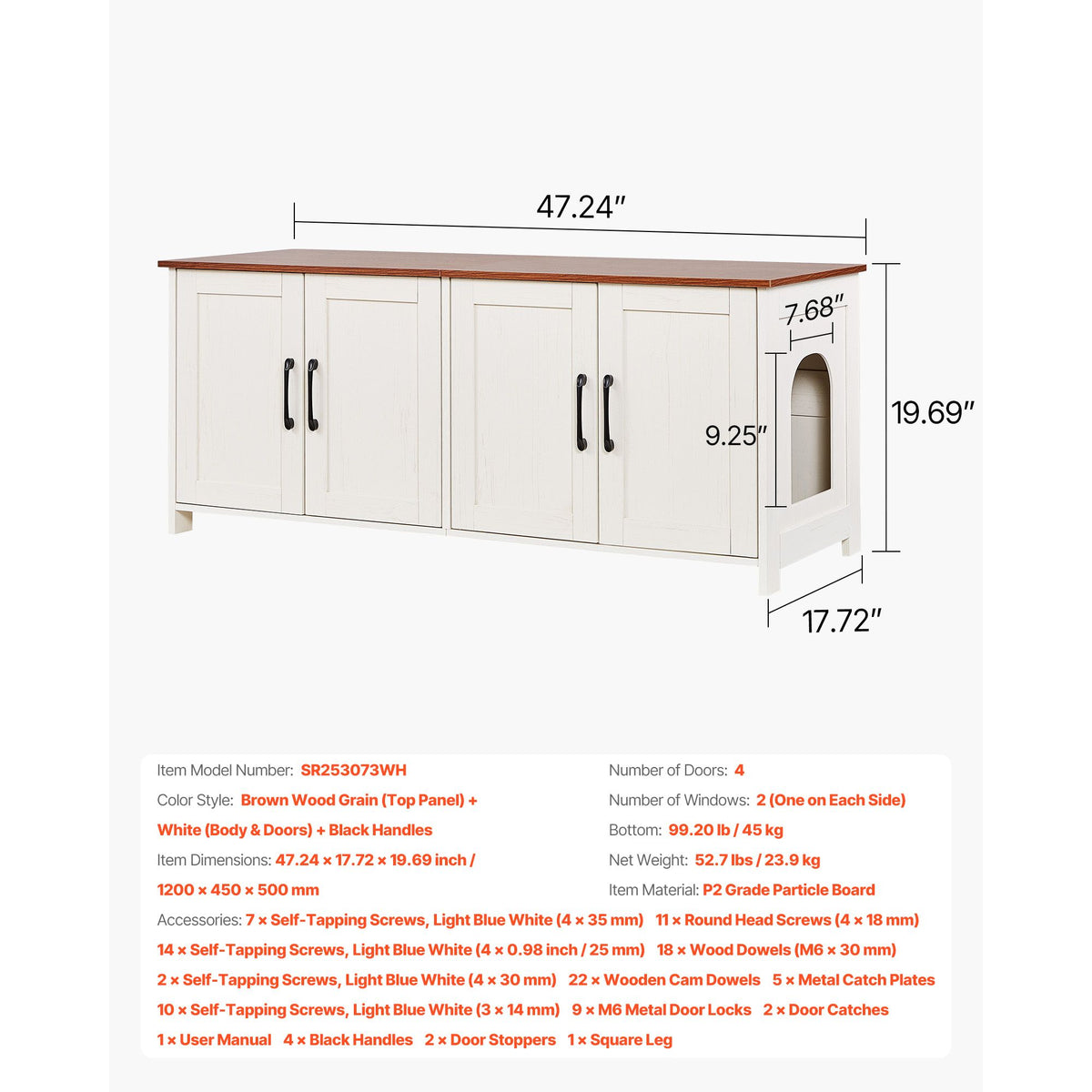 Cat Litter Box Enclosure for Multi Cats, 120 cm Hidden Litter Box Cabinet with 4 Doors & 2 Entries, Indoor Cat Washroom, Wooden Kitty House Furniture, Fit Most Litterboxes, Brown & White