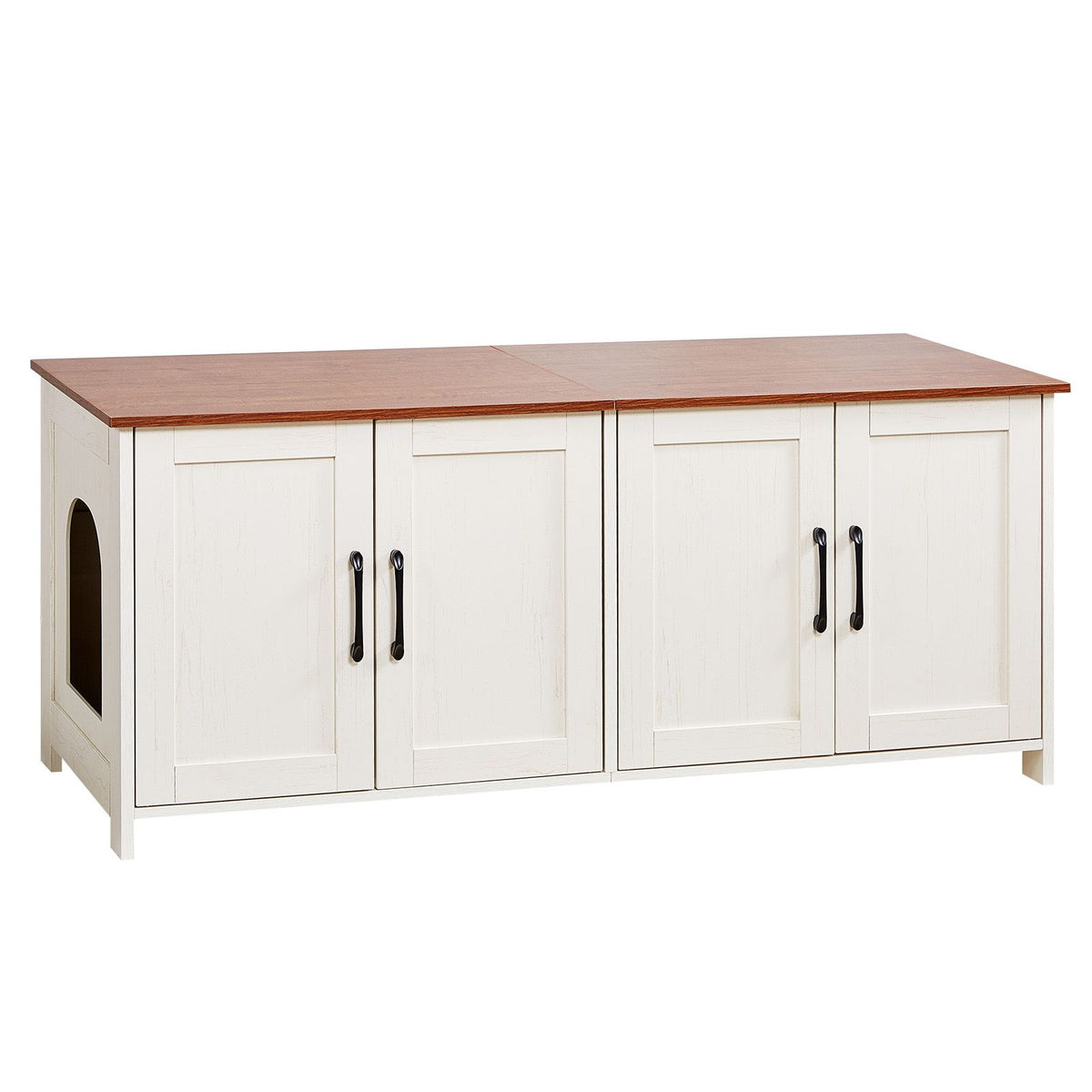 Cat Litter Box Enclosure for Multi Cats, 120 cm Hidden Litter Box Cabinet with 4 Doors & 2 Entries, Indoor Cat Washroom, Wooden Kitty House Furniture, Fit Most Litterboxes, Brown & White