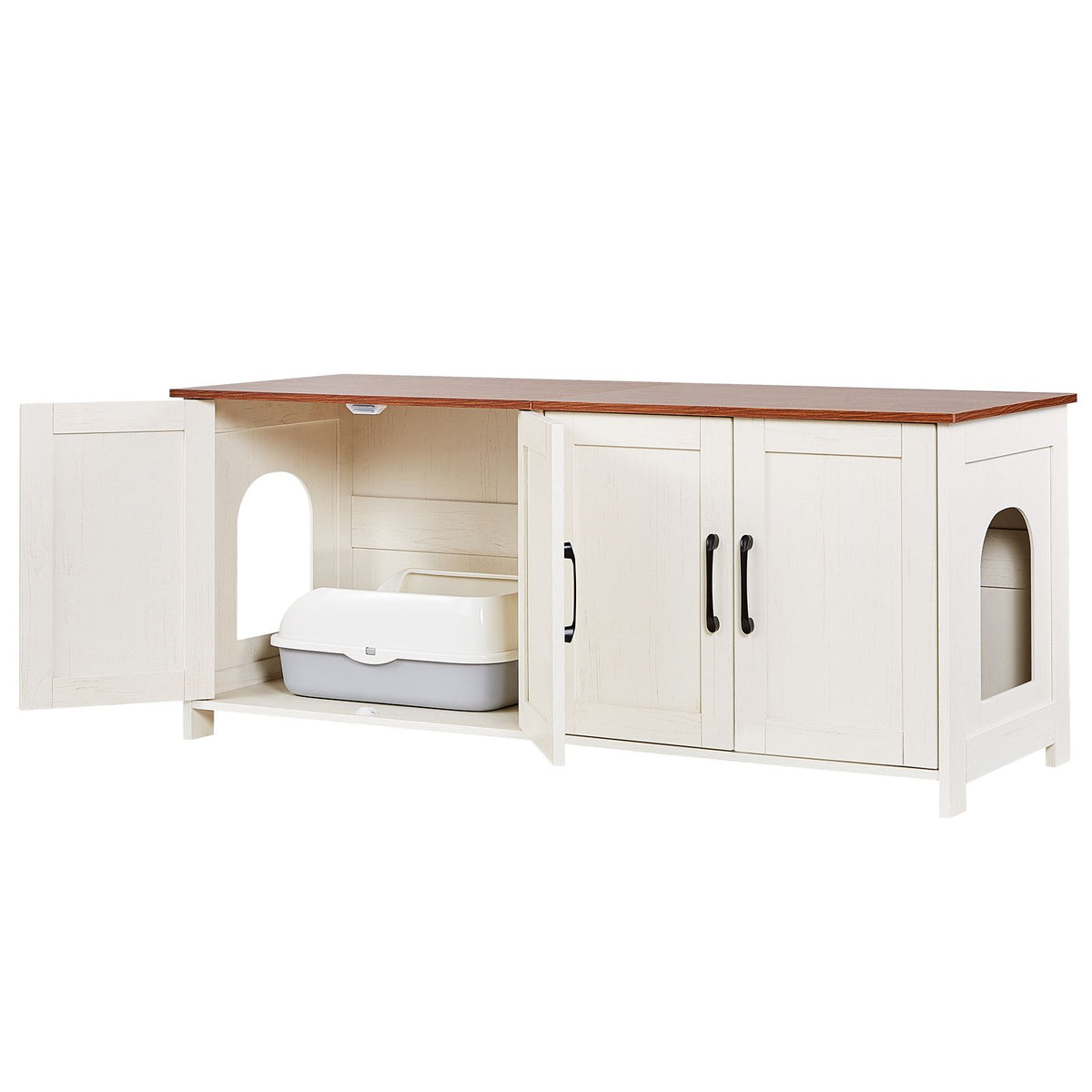 Cat Litter Box Enclosure for Multi Cats, 120 cm Hidden Litter Box Cabinet with 4 Doors & 2 Entries, Indoor Cat Washroom, Wooden Kitty House Furniture, Fit Most Litterboxes, Brown & White