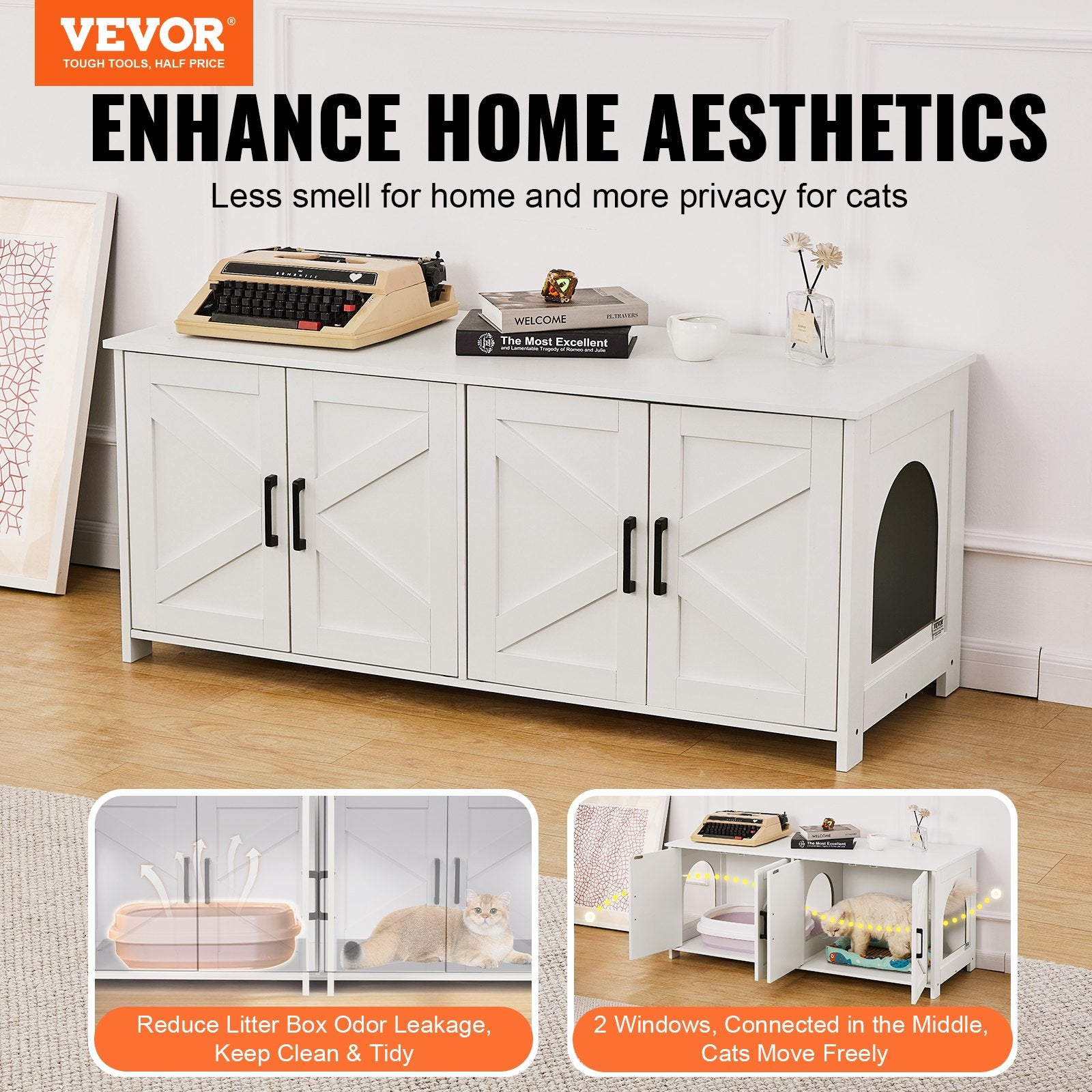 Cat Litter: VEVOR Cat Litter Box Enclosure Wooden Litter Box Furniture Hidden 2 Rooms White