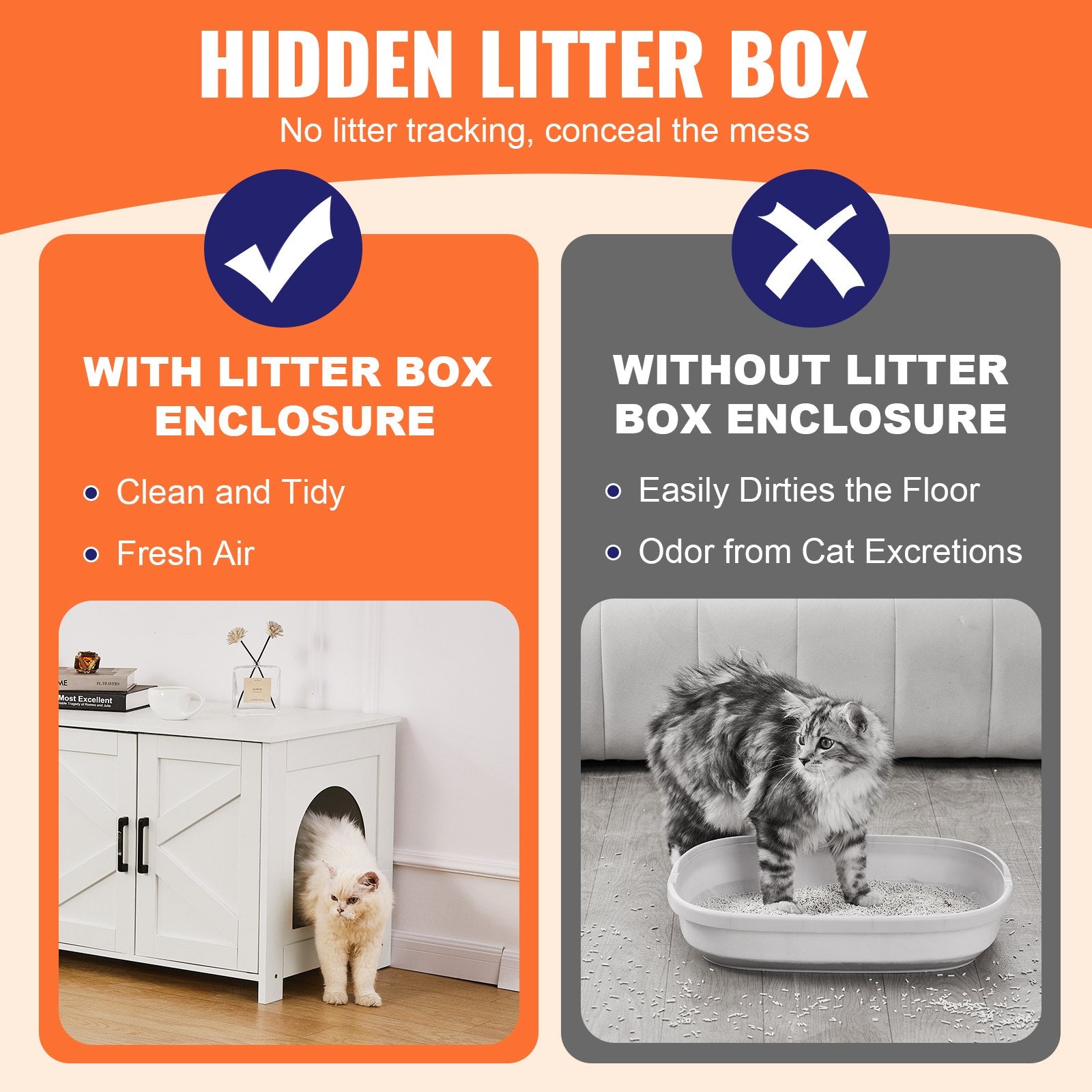 Cat Litter: VEVOR Cat Litter Box Enclosure Wooden Litter Box Furniture Hidden 2 Rooms White