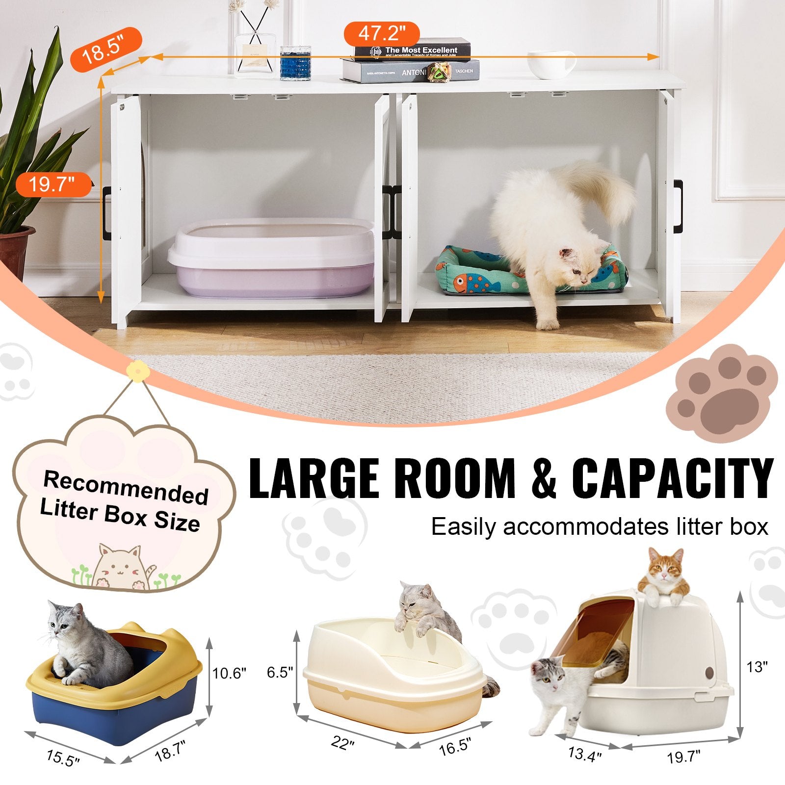 Cat Litter: VEVOR Cat Litter Box Enclosure Wooden Litter Box Furniture Hidden 2 Rooms White