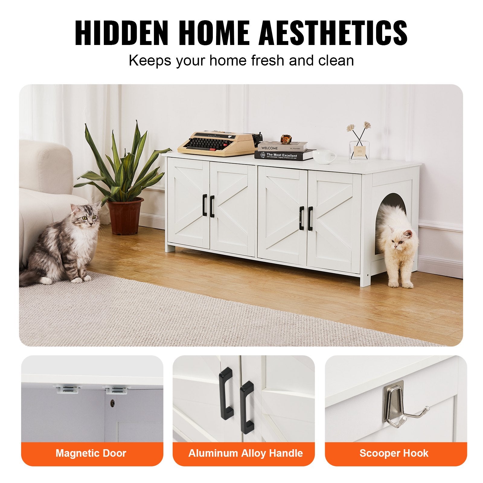 Cat Litter: VEVOR Cat Litter Box Enclosure Wooden Litter Box Furniture Hidden 2 Rooms White