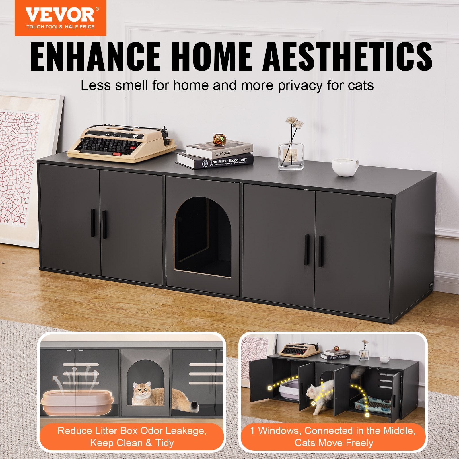 Cat Litter: VEVOR Cat Litter Box Enclosure Wooden Litter Box Furniture Hidden 57.9" Black