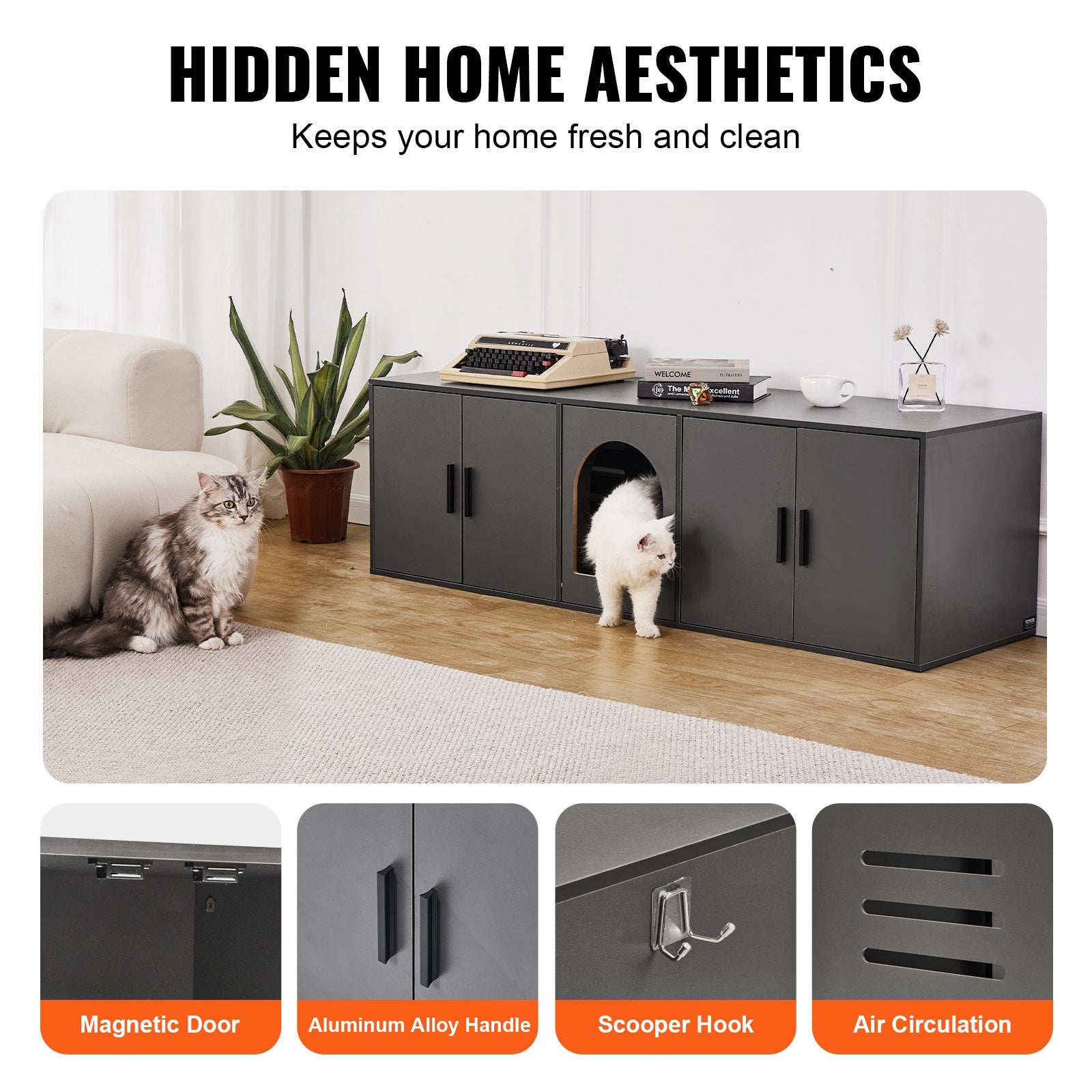 Cat Litter: VEVOR Cat Litter Box Enclosure Wooden Litter Box Furniture Hidden 57.9" Black